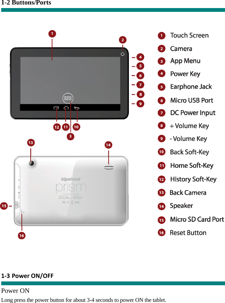 1-2 Buttons/Ports            1‐3 PowerON/OFF  Power ON Long press the power button for about 3-4 seconds to power ON the tablet.     