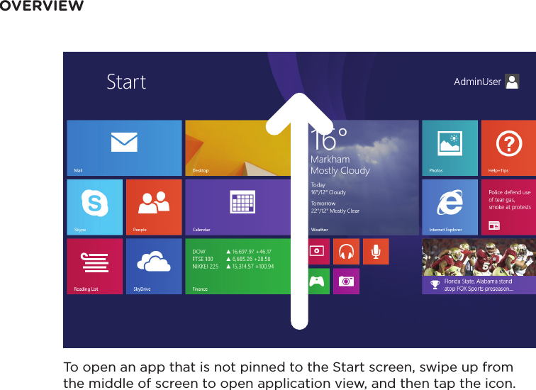 To open an app that is not pinned to the Start screen, swipe up from the middle of screen to open application view, and then tap the icon. OVERVIEW