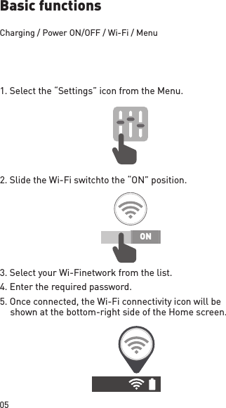 05ONBasic functionsCharging / Power ON/OFF / Wi-Fi / Menu1. Select the “Settings” icon from the Menu.2. Slide the Wi-Fi switch to the “ON” position.3. Select your Wi-Fi network from the list.4. Enter the required  password.5. Once connected, the Wi-Fi connectivity icon will be shown at the bottom-right side of the Home screen.