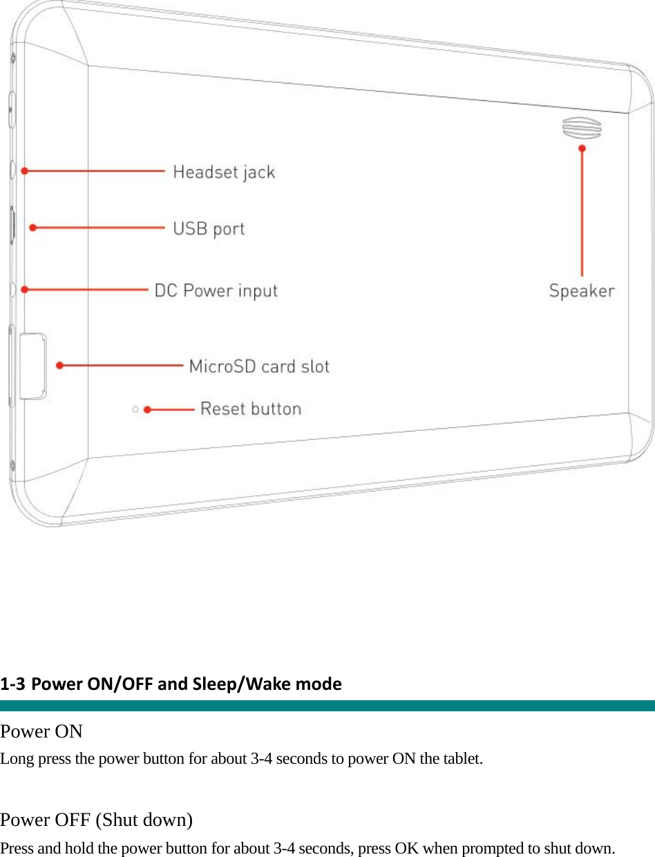        1‐3 PowerON/OFFandSleep/Wakemode  Power ON Long press the power button for about 3-4 seconds to power ON the tablet.     Power OFF (Shut down)  Press and hold the power button for about 3-4 seconds, press OK when prompted to shut down.   