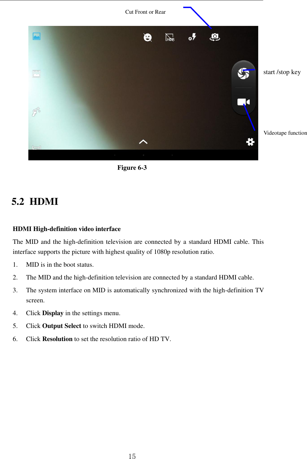          15      Figure 6-3 5.2 HDMI HDMI High-definition video interface The MID and the high-definition television are connected by a standard HDMI cable. This interface supports the picture with highest quality of 1080p resolution ratio. 1. MID is in the boot status. 2. The MID and the high-definition television are connected by a standard HDMI cable. 3. The system interface on MID is automatically synchronized with the high-definition TV screen. 4. Click Display in the settings menu. 5. Click Output Select to switch HDMI mode. 6. Click Resolution to set the resolution ratio of HD TV. start /stop key    Videotape function   Cut Front or Rear   