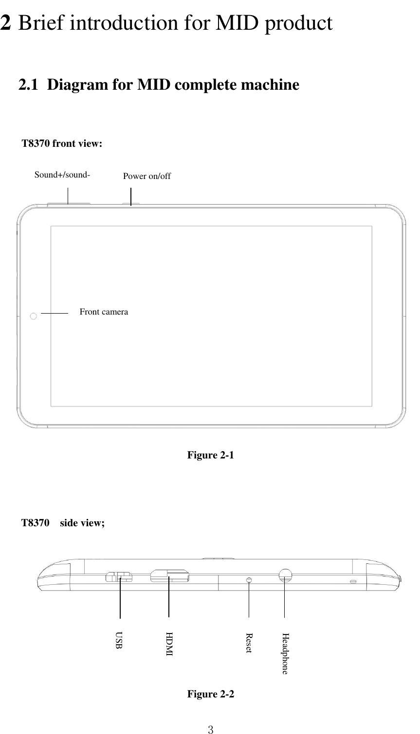          3 2 Brief introduction for MID product 2.1 Diagram for MID complete machine    T8370 front view:    Figure 2-1    T8370    side view;     Figure 2-2 Front camera Power on/off Reset USB Headphone  Sound+/sound- HDMI 