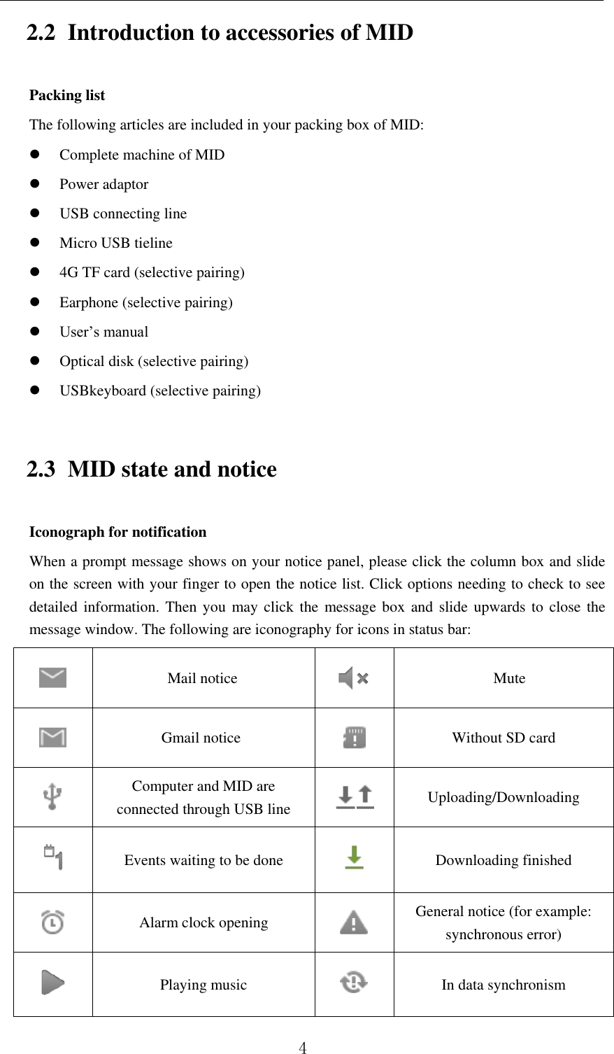          4 2.2 Introduction to accessories of MID Packing list The following articles are included in your packing box of MID:  Complete machine of MID  Power adaptor  USB connecting line  Micro USB tieline  4G TF card (selective pairing)  Earphone (selective pairing)  User’s manual  Optical disk (selective pairing)  USBkeyboard (selective pairing) 2.3 MID state and notice Iconograph for notification When a prompt message shows on your notice panel, please click the column box and slide on the screen with your finger to open the notice list. Click options needing to check to see detailed information. Then you  may click the message box and slide upwards to close  the message window. The following are iconography for icons in status bar:  Mail notice  Mute  Gmail notice  Without SD card  Computer and MID are connected through USB line  Uploading/Downloading  Events waiting to be done  Downloading finished  Alarm clock opening  General notice (for example: synchronous error)  Playing music  In data synchronism 