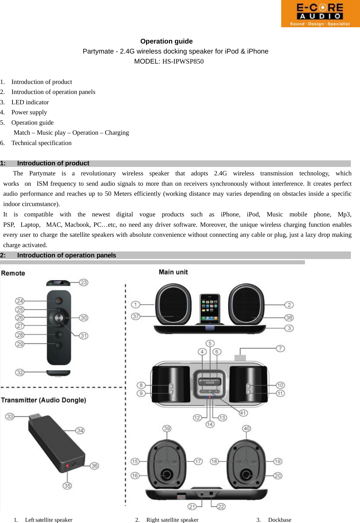                                              Operation guide Partymate - 2.4G wireless docking speaker for iPod &amp; iPhone                                         MODEL: HS-IPWSP850   1.  Introduction of product 2.  Introduction of operation panels 3. LED indicator 4. Power supply 5. Operation guide Match – Music play – Operation – Charging 6. Technical specification   1:    Introduction of product    The  Partymate  is  a  revolutionary  wireless  speaker  that  adopts  2.4G  wireless  transmission  technology,  which  works  on  ISM frequency to send audio signals to more than on receivers synchronously without interference. It creates perfect audio performance and reaches up to 50 Meters efficiently (working distance may varies depending on obstacles inside a specific indoor circumstance). It  is  compatible  with  the  newest  digital  vogue  products  such  as  iPhone,  iPod,  Music  mobile  phone,  Mp3,  PSP,  Laptop,  MAC, Macbook, PC…etc, no need any driver software. Moreover, the unique wireless charging function enables every user to charge the satellite speakers with absolute convenience without connecting any cable or plug, just a lazy drop making charge activated. 2:    Introduction of operation panels                                            1. Left satellite speaker  2. Right satellite speaker  3.  Dockbase 