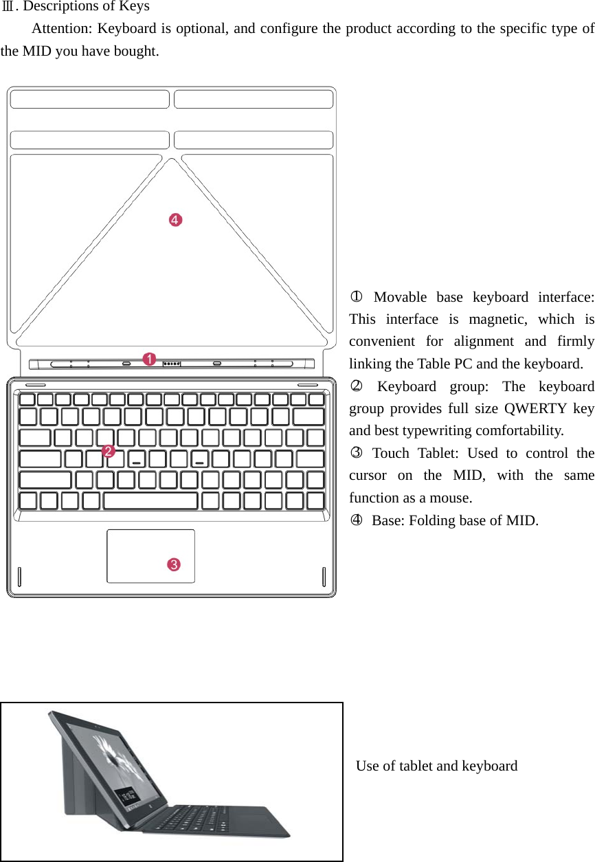     Ⅲ. Descriptions of Keys Attention: Keyboard is optional, and configure the product according to the specific type of the MID you have bought.           ○1 Movable base keyboard interface: This interface is magnetic, which is convenient for alignment and firmly linking the Table PC and the keyboard. ○2 Keyboard group: The keyboard group provides full size QWERTY key and best typewriting comfortability.   ○3 Touch Tablet: Used to control the cursor on the MID, with the same function as a mouse. ○4  Base: Folding base of MID.           Use of tablet and keyboard       