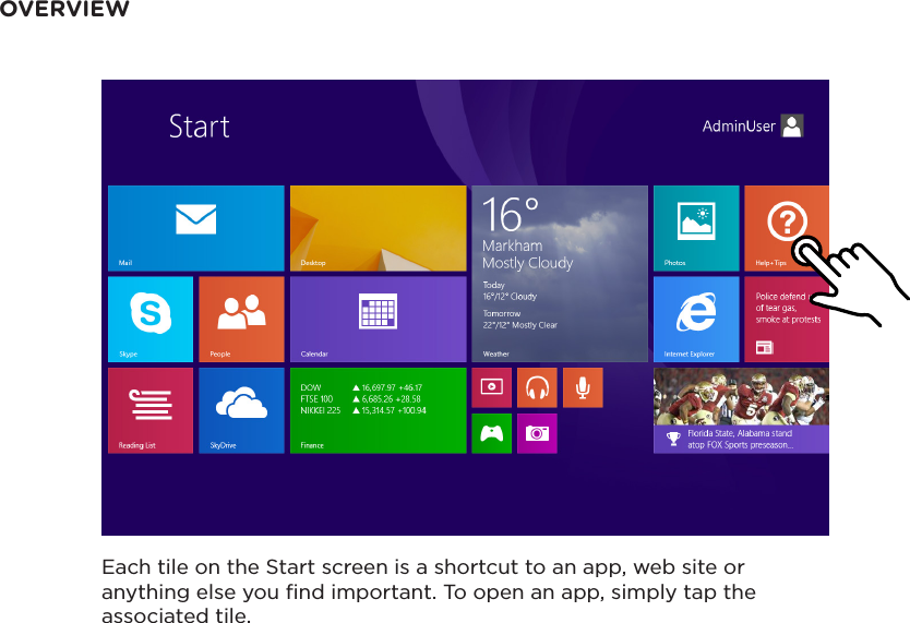OVERVIEWEach tile on the Start screen is a shortcut to an app, web site or anything else you nd important. To open an app, simply tap the associated tile.