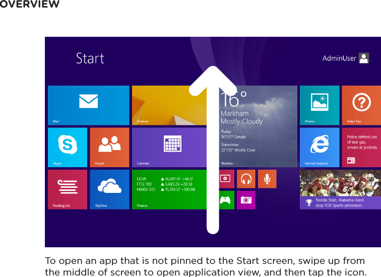 To open an app that is not pinned to the Start screen, swipe up from the middle of screen to open application view, and then tap the icon. OVERVIEW