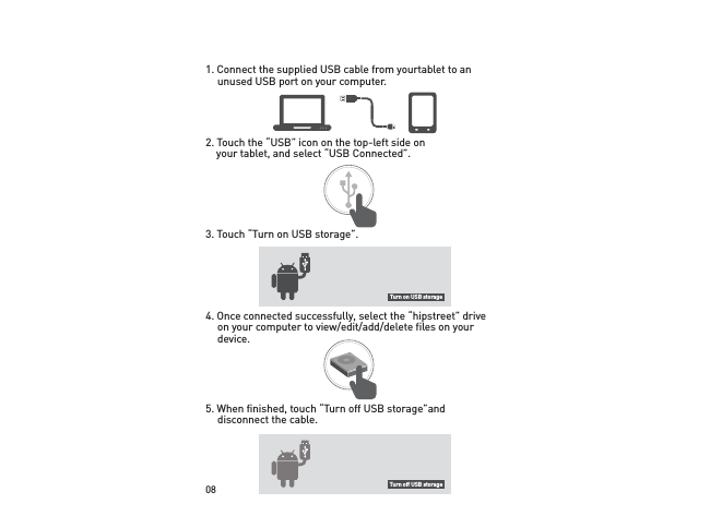 08Turn on USB storageTurn off USB storage1. Connect the supplied USB cable from your tablet to an unused USB port on your computer.2. Touch the “USB” icon on the top-left side on     your tablet, and select “USB Connected”.3. Touch “Turn on USB storage”.4. Once connected successfully, select the “hipstreet” drive on your computer to view/edit/add/delete files on your device.5. When finished, touch “Turn off USB storage” and disconnect the cable.