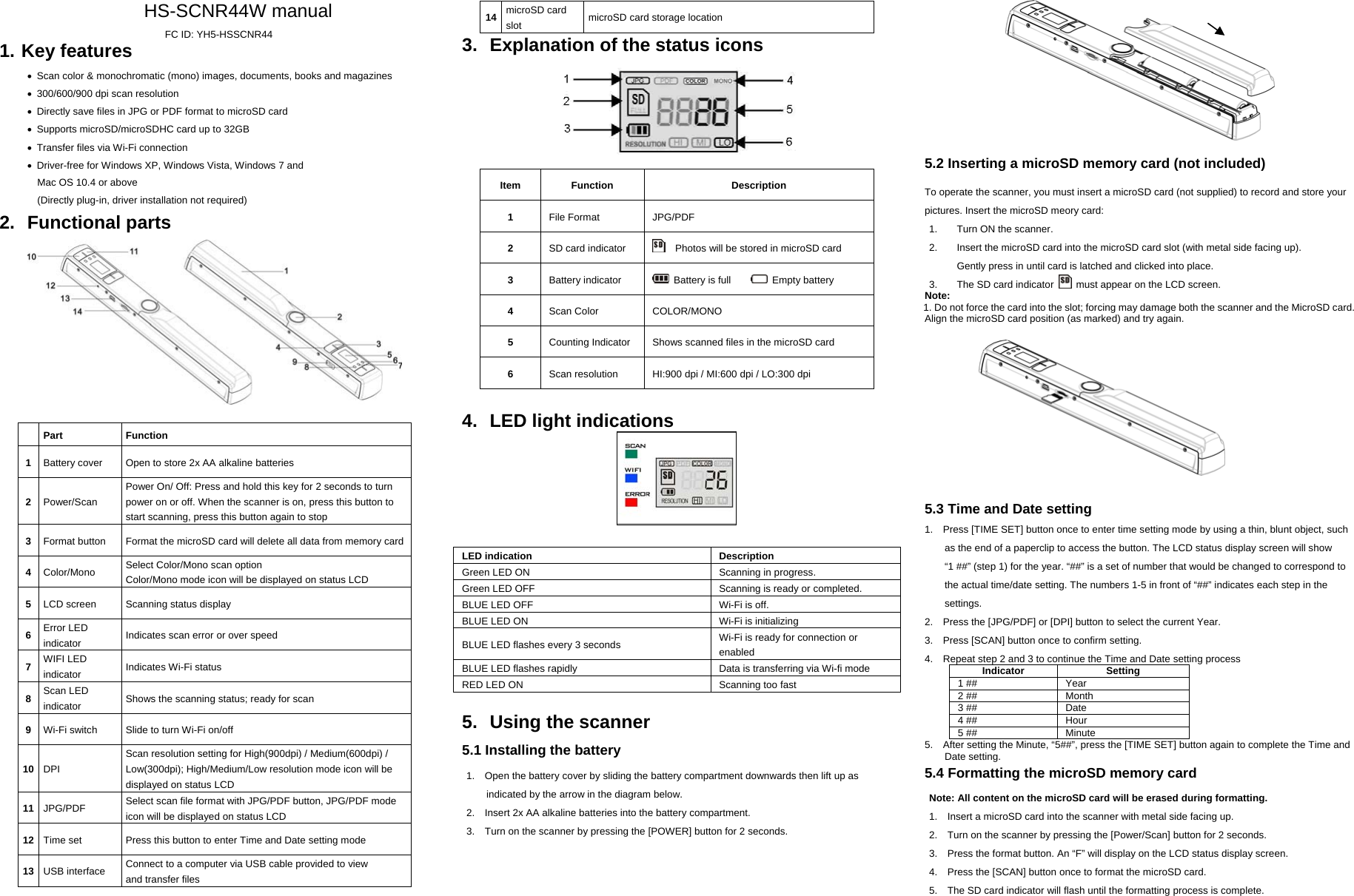 HS-SCNR44W manual  FC ID: YH5-HSSCNR441. Key features  •  Scan color &amp; monochromatic (mono) images, documents, books and magazines • 300/600/900 dpi scan resolution •  Directly save files in JPG or PDF format to microSD card •  Supports microSD/microSDHC card up to 32GB •  Transfer files via Wi-Fi connection •  Driver-free for Windows XP, Windows Vista, Windows 7 and       Mac OS 10.4 or above     (Directly plug-in, driver installation not required) 2. Functional parts     Part  Function 1  Battery cover  Open to store 2x AA alkaline batteries 2  Power/Scan Power On/ Off: Press and hold this key for 2 seconds to turn power on or off. When the scanner is on, press this button to start scanning, press this button again to stop 3  Format button  Format the microSD card will delete all data from memory card4  Color/Mono  Select Color/Mono scan option Color/Mono mode icon will be displayed on status LCD 5  LCD screen  Scanning status display   6  Error LED indicator  Indicates scan error or over speed   7  WIFI LED indicator  Indicates Wi-Fi status 8  Scan LED indicator  Shows the scanning status; ready for scan 9  Wi-Fi switch  Slide to turn Wi-Fi on/off 10  DPI Scan resolution setting for High(900dpi) / Medium(600dpi) / Low(300dpi); High/Medium/Low resolution mode icon will be displayed on status LCD 11  JPG/PDF  Select scan file format with JPG/PDF button, JPG/PDF mode icon will be displayed on status LCD 12  Time set  Press this button to enter Time and Date setting mode 13  USB interface  Connect to a computer via USB cable provided to view and transfer files 14 microSD card slot  microSD card storage location  3.  Explanation of the status icons  Item Function  Description 1  File Format  JPG/PDF 2  SD card indicator      Photos will be stored in microSD card 3  Battery indicator   Battery is full      Empty battery 4  Scan Color    COLOR/MONO 5  Counting Indicator  Shows scanned files in the microSD card 6  Scan resolution  HI:900 dpi / MI:600 dpi / LO:300 dpi  4.  LED light indications                                               LED indication  Description Green LED ON  Scanning in progress. Green LED OFF  Scanning is ready or completed. BLUE LED OFF  Wi-Fi is off. BLUE LED ON  Wi-Fi is initializing   BLUE LED flashes every 3 seconds  Wi-Fi is ready for connection or enabled BLUE LED flashes rapidly  Data is transferring via Wi-fi mode RED LED ON  Scanning too fast    5.  Using the scanner  5.1 Installing the battery  1.    Open the battery cover by sliding the battery compartment downwards then lift up as       indicated by the arrow in the diagram below.  2.  Insert 2x AA alkaline batteries into the battery compartment.                                                                                                                                  3.    Turn on the scanner by pressing the [POWER] button for 2 seconds.     5.2 Inserting a microSD memory card (not included)  To operate the scanner, you must insert a microSD card (not supplied) to record and store your pictures. Insert the microSD meory card: 1.  Turn ON the scanner. 2.  Insert the microSD card into the microSD card slot (with metal side facing up). Gently press in until card is latched and clicked into place. 3.  The SD card indicator    must appear on the LCD screen. Note:   1. Do not force the card into the slot; forcing may damage both the scanner and the MicroSD card. Align the microSD card position (as marked) and try again.      5.3 Time and Date setting 1.    Press [TIME SET] button once to enter time setting mode by using a thin, blunt object, such as the end of a paperclip to access the button. The LCD status display screen will show           “1 ##” (step 1) for the year. “##” is a set of number that would be changed to correspond to the actual time/date setting. The numbers 1-5 in front of “##” indicates each step in the settings. 2.    Press the [JPG/PDF] or [DPI] button to select the current Year. 3.    Press [SCAN] button once to confirm setting. 4.    Repeat step 2 and 3 to continue the Time and Date setting process Indicator Setting 1 ##  Year   2 ##  Month 3 ##  Date 4 ##  Hour 5 ##  Minute 5.    After setting the Minute, “5##”, press the [TIME SET] button again to complete the Time and Date setting.   5.4 Formatting the microSD memory card  Note: All content on the microSD card will be erased during formatting.   1.    Insert a microSD card into the scanner with metal side facing up. 2.    Turn on the scanner by pressing the [Power/Scan] button for 2 seconds.   3.    Press the format button. An “F” will display on the LCD status display screen. 4.    Press the [SCAN] button once to format the microSD card. 5.    The SD card indicator will flash until the formatting process is complete. 