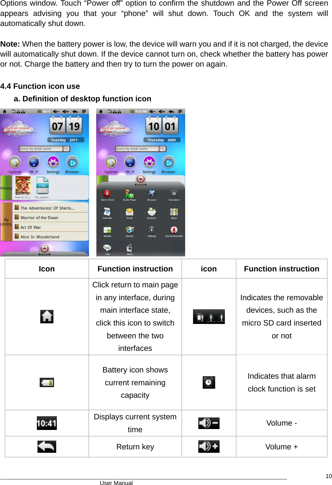                                      User Manual    10Options window. Touch “Power off” option to confirm the shutdown and the Power Off screen appears advising you that your “phone” will shut down. Touch OK and the system will automatically shut down.    Note: When the battery power is low, the device will warn you and if it is not charged, the device will automatically shut down. If the device cannot turn on, check whether the battery has power or not. Charge the battery and then try to turn the power on again.  4.4 Function icon use a. Definition of desktop function icon          Icon  Function instruction  icon  Function instruction  Click return to main page in any interface, during main interface state, click this icon to switch between the two interfaces  Indicates the removable devices, such as the micro SD card inserted or not    Battery icon shows current remaining capacity   Indicates that alarm clock function is set  Displays current system time   Volume -  Return key   Volume + 