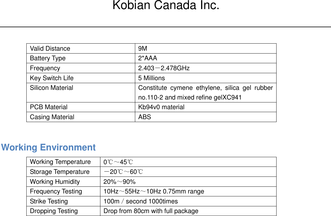  Valid Distance  9M Battery Type  2*AAA   Frequency  2.403－2.478GHz Key Switch Life  5 Millions   Silicon Material  Constitute  cymene  ethylene,  silica  gel  rubber no.110-2 and mixed refine gelXC941 PCB Material  Kb94v0 material Casing Material  ABS Working Environment Working Temperature 0℃～45℃ Storage Temperature －20℃～60℃ Working Humidity    20%～90% Frequency Testing    10Hz～55Hz～10Hz 0.75mm range Strike Testing    100m／second 1000times Dropping Testing    Drop from 80cm with full package   Kobian Canada Inc.