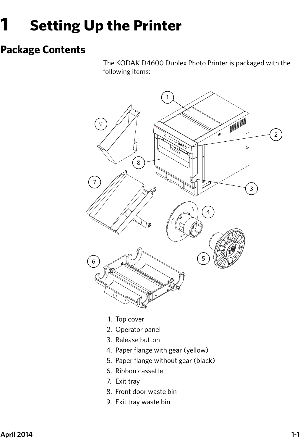 April 2014 1-11Setting Up the PrinterPackage ContentsThe KODAK D4600 Duplex Photo Printer is packaged with the following items:1. Top cover2. Operator panel3. Release button4. Paper flange with gear (yellow)5. Paper flange without gear (black)6. Ribbon cassette7. Exit tray8. Front door waste bin9. Exit tray waste bin123475698