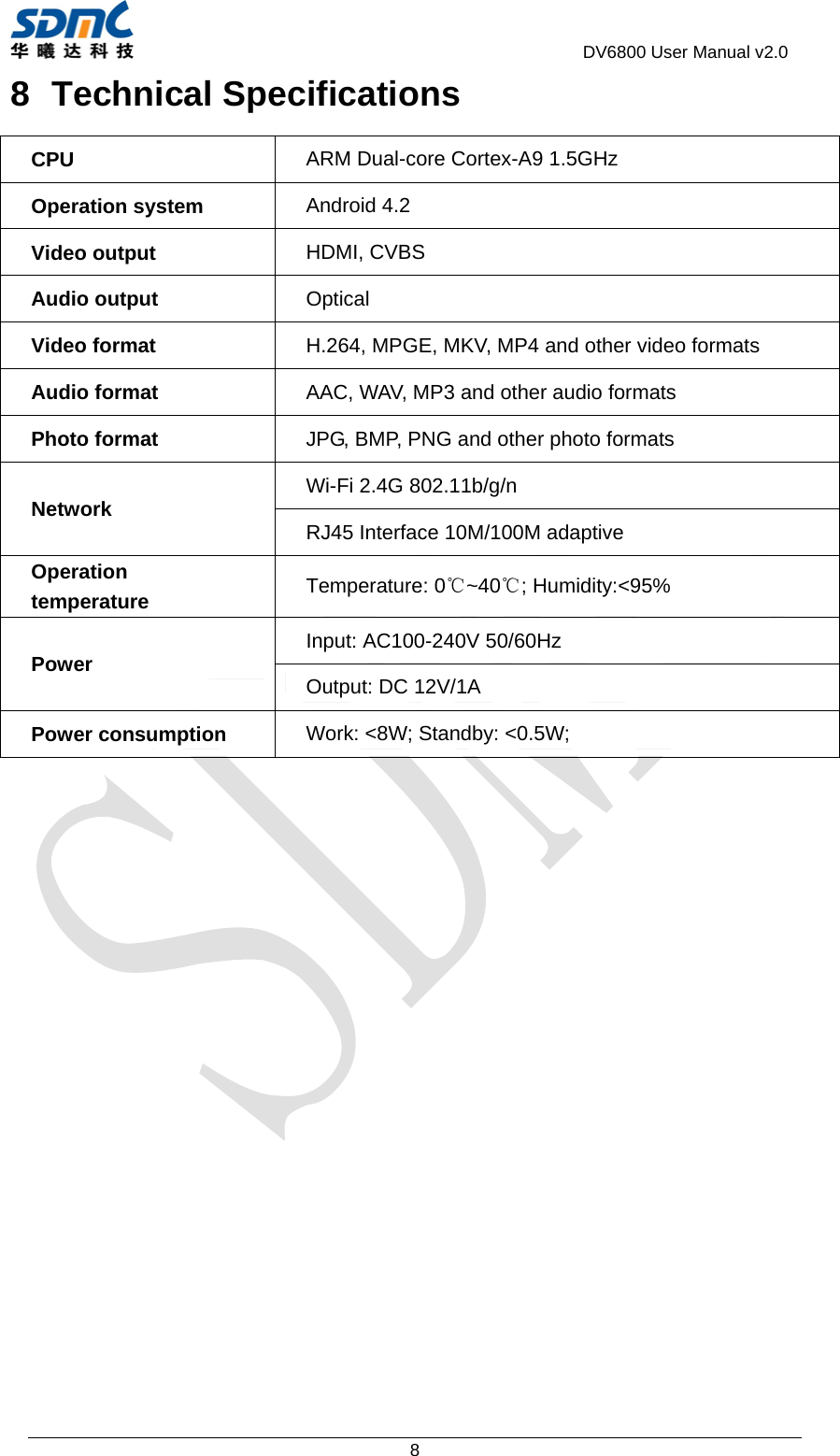                                             DV6800 User Manual v2.0 8 8 Technical Specifications CPU  ARM Dual-core Cortex-A9 1.5GHz Operation system  Android 4.2 Video output  HDMI, CVBS Audio output  Optical Video format  H.264, MPGE, MKV, MP4 and other video formats Audio format  AAC, WAV, MP3 and other audio formats Photo format  JPG, BMP, PNG and other photo formats Network  Wi-Fi 2.4G 802.11b/g/n RJ45 Interface 10M/100M adaptive Operation temperature  Temperature: 0℃~40℃; Humidity:&lt;95% Power  Input: AC100-240V 50/60Hz Output: DC 12V/1A Power consumption  Work: &lt;8W; Standby: &lt;0.5W;    