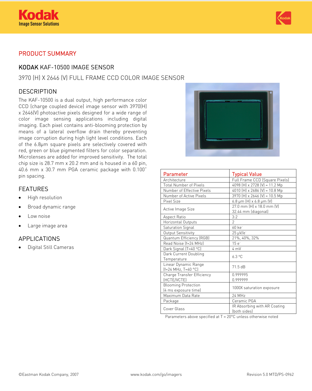 Page 1 of 2 - Kodak Kodak-Image-Sensor-Kaf-10500-Users-Manual- APPLICATION NOTE  Kodak-image-sensor-kaf-10500-users-manual