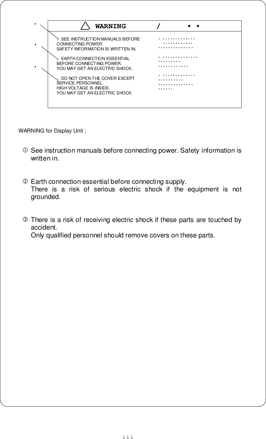 iii •  SEE INSTRUCT ION MANUALS BEFORE CONNECTING POWER. SAFETY INFORMATION IS WRITTEN IN. • EARTH CONNECTION ESSENTIAL BEFORE CONNECTING POWER. YOU MAY GET AN ELECTRIC SHOCK. •  DO NOT OPEN THE COVER EXCEPT SERVICE PERSONNEL. HIGH VOLTAGE IS INSIDE. YOU MAY GET AN ELECTRIC SHOCK. • •••••••••••••    •••••••••••• •••••••••••••• • •••••••••••••• ••••••••• •••••••••••• • ••••••••••••• •••••••••• •••••••••••••• ••••••WARNING for Display Unit ;!See instruction manuals before connecting power. Safety information iswritten in. &quot;Earth connection essential before connecting supply.There is a risk of serious electric shock if the equipment is notgrounded.#There is a risk of receiving electric shock if these parts are touched byaccident.Only qualified personnel should remove covers on these parts.WARNING       /      • ••••