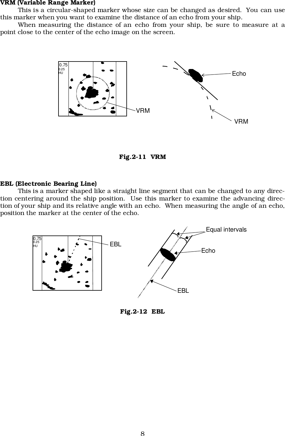 8VRM (Variable Range Marker)This is a circular-shaped marker whose size can be changed as desired.  You can usethis marker when you want to examine the distance of an echo from your ship.When measuring the distance of an echo from your ship, be sure to measure at apoint close to the center of the echo image on the screen.EBL (Electronic Bearing Line)This is a marker shaped like a straight line segment that can be changed to any direc-tion centering around the ship position.  Use this marker to examine the advancing direc-tion of your ship and its relative angle with an echo.  When measuring the angle of an echo,position the marker at the center of the echo. VRM Echo 0.75 0.25  HU VRM Fig.2-11  VRM 0.75 0.25  HU EBL  Echo EBL Equal intervals Fig.2-12  EBL