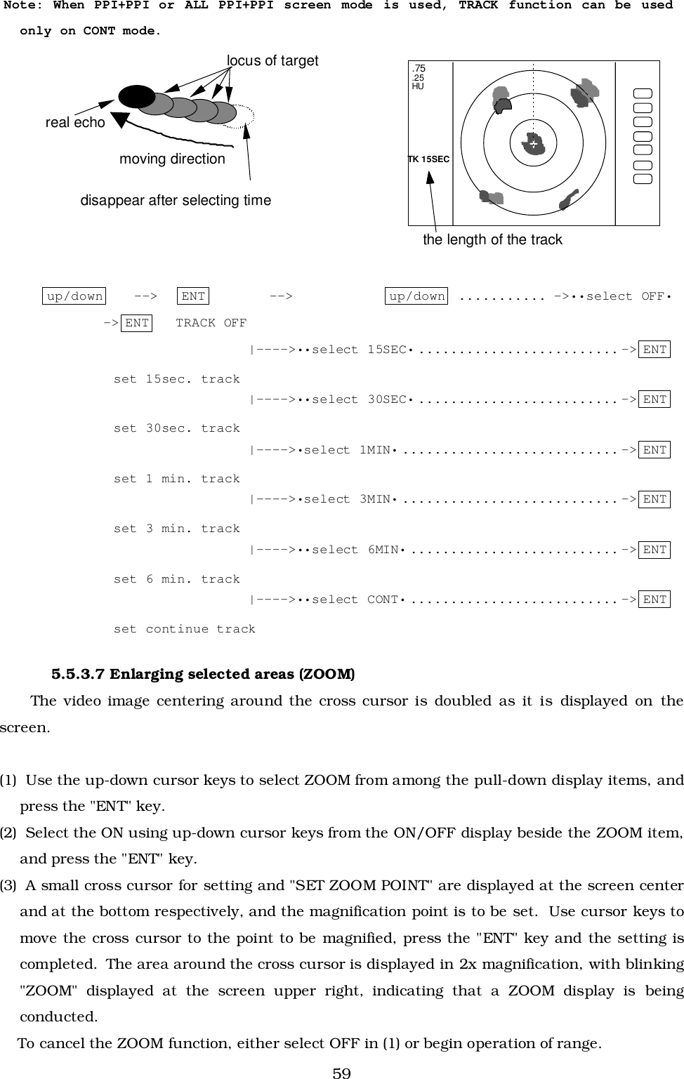 59 Note: When PPI+PPI or ALL PPI+PPI screen mode is used, TRACK function can be usedonly on CONT mode.up/down --&gt; ENT --&gt; up/down ........... -&gt;••select OFF•-&gt; ENT TRACK OFF|----&gt;••select 15SEC• ......................... -&gt; ENTset 15sec. track|----&gt;••select 30SEC• ......................... -&gt; ENTset 30sec. track|----&gt;•select 1MIN• ........................... -&gt; ENTset 1 min. track|----&gt;•select 3MIN• ........................... -&gt; ENTset 3 min. track|----&gt;••select 6MIN• .......................... -&gt; ENTset 6 min. track|----&gt;••select CONT• .......................... -&gt; ENTset continue track5.5.3.7 Enlarging selected areas (ZOOM)The video image centering around the cross cursor is doubled as it is displayed on thescreen.(1)  Use the up-down cursor keys to select ZOOM from among the pull-down display items, andpress the &quot;ENT&quot; key.(2)  Select the ON using up-down cursor keys from the ON/OFF display beside the ZOOM item,and press the &quot;ENT&quot; key.(3)  A small cross cursor for setting and &quot;SET ZOOM POINT&quot; are displayed at the screen centerand at the bottom respectively, and the magnification point is to be set.  Use cursor keys tomove the cross cursor to the point to be magnified, press the &quot;ENT&quot; key and the setting iscompleted.  The area around the cross cursor is displayed in 2x magnification, with blinking&quot;ZOOM&quot; displayed at the screen upper right, indicating that a ZOOM display is beingconducted.    To cancel the ZOOM function, either select OFF in (1) or begin operation of range. disappear after selecting time real echo locus of target moving direction the length of the track.75.25HU+TK 15SEC