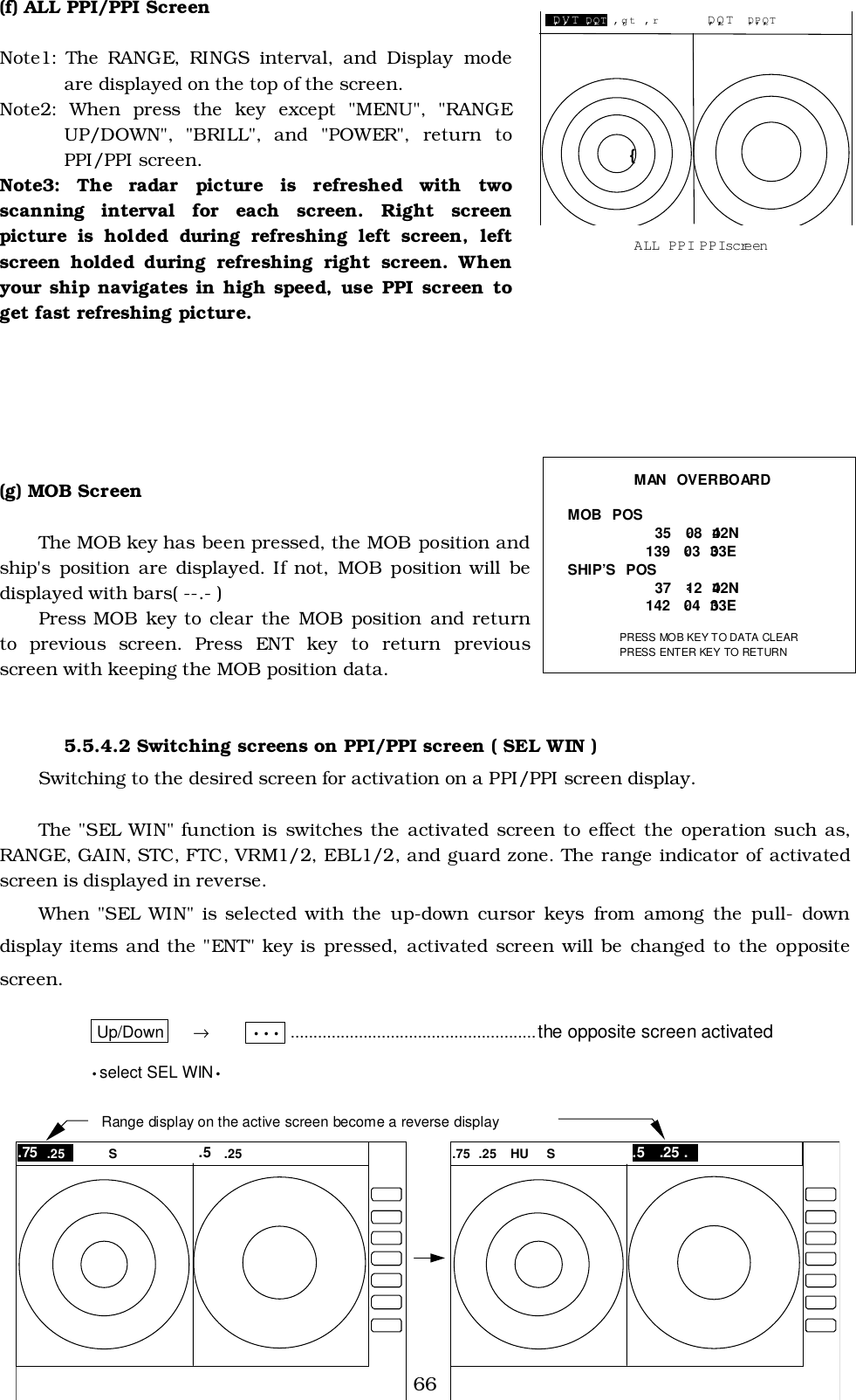 66(f) ALL PPI/PPI ScreenNote1: The RANGE, RINGS interval, and Display modeare displayed on the top of the screen.Note2: When press the key except &quot;MENU&quot;, &quot;RANGEUP/DOWN&quot;, &quot;BRILL&quot;, and &quot;POWER&quot;, return toPPI/PPI screen.Note3: The radar picture is refreshed with twoscanning interval for each screen. Right screenpicture is holded during refreshing left screen, leftscreen holded during refreshing right screen. Whenyour ship navigates in high speed, use PPI screen toget fast refreshing picture.(g) MOB ScreenThe MOB key has been pressed, the MOB position andship&apos;s position are displayed. If not, MOB position will bedisplayed with bars( --.- )Press MOB key to clear the MOB position and returnto previous screen. Press ENT key to return previousscreen with keeping the MOB position data.5.5.4.2 Switching screens on PPI/PPI screen ( SEL WIN )Switching to the desired screen for activation on a PPI/PPI screen display.The &quot;SEL WIN&quot; function is switches the activated screen to effect the operation such as,RANGE, GAIN, STC, FTC, VRM1/2, EBL1/2, and guard zone. The range indicator of activatedscreen is displayed in reverse.When &quot;SEL WIN&quot; is selected with the up-down cursor keys from among the pull- downdisplay items and the &quot;ENT&quot; key is pressed, activated screen will be changed to the oppositescreen.Up/Down →••• ......................................................the opposite screen activated•select SEL WIN• D‚V‚T D‚Q‚T  ‚g‚t  ‚r D‚Q‚T   D‚P‚Q‚T  { ALL PPI PPI screen  MAN OVERBOARD  MOB POS   35 ‹08 D42N  139 ‹03 D33E SHIP’S POS   37 ‹12 D42N  142 ‹04 D33E    PRESS MOB KEY TO DATA CLEAR   PRESS ENTER KEY TO RETURN  Range display on the active screen become a reverse display .75 .25  S  .5   .25 .75 .25  HU  S  .5  .25 .  