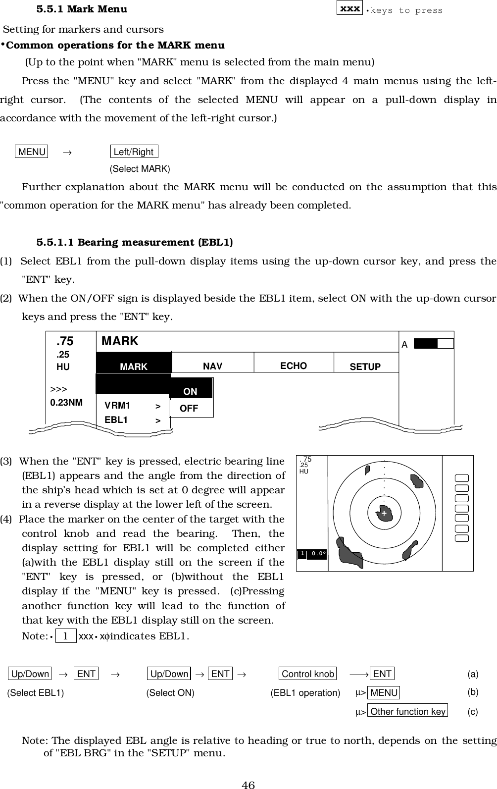 465.5.1 Mark Menu xxx •keys to press Setting for markers and cursors•Common operations for the MARK menu (Up to the point when &quot;MARK&quot; menu is selected from the main menu)Press the &quot;MENU&quot; key and select &quot;MARK&quot; from the displayed 4 main menus using the left-right cursor.  (The contents of the selected MENU will appear on a pull-down display inaccordance with the movement of the left-right cursor.)MENU      →Left/Right (Select MARK)Further explanation about the MARK menu will be conducted on the assumption that this&quot;common operation for the MARK menu&quot; has already been completed.5.5.1.1 Bearing measurement (EBL1)(1)  Select EBL1 from the pull-down display items using the up-down cursor key, and press the&quot;ENT&quot; key.(2)  When the ON/OFF sign is displayed beside the EBL1 item, select ON with the up-down cursorkeys and press the &quot;ENT&quot; key.(3)  When the &quot;ENT&quot; key is pressed, electric bearing line(EBL1) appears and the angle from the direction ofthe ship’s head which is set at 0 degree will appearin a reverse display at the lower left of the screen.(4)  Place the marker on the center of the target with thecontrol knob and read the bearing.  Then, thedisplay setting for EBL1 will be completed either(a)with the EBL1 display still on the screen if the&quot;ENT&quot; key is pressed, or (b)without the EBL1display if the &quot;MENU&quot; key is pressed.  (c)Pressinganother function key will lead to the function ofthat key with the EBL1 display still on the screen.Note:• 1   xxx•xφindicates EBL1.Up/Down   → ENT     →Up/Down  → ENT  →Control knob → ENT (a)(Select EBL1) (Select ON) (EBL1 operation)   µ&gt;MENU (b)  µ&gt; Other function key (c)Note: The displayed EBL angle is relative to heading or true to north, depends on the settingof &quot;EBL BRG&quot; in the &quot;SETUP&quot; menu.MARKEBL1&gt;VRM1 &gt;EBL1 &gt;.75.25HU NAV ECHO SETUPMARK&gt;&gt;&gt;  0.23NMA. 75.25HU+1  0.0°OFFON