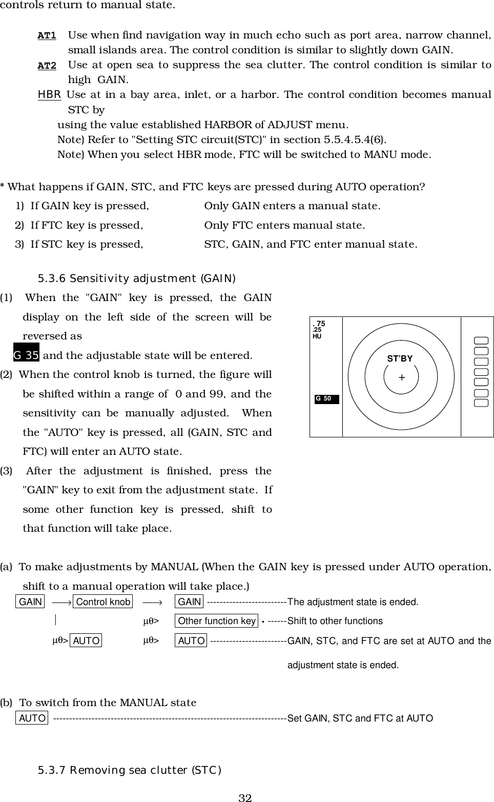 32controls return to manual state.AT1 Use when find navigation way in much echo such as port area, narrow channel,small islands area. The control condition is similar to slightly down GAIN.AT2 Use at open sea to suppress the sea clutter. The control condition is similar tohigh  GAIN.HBR Use at in a bay area, inlet, or a harbor. The control condition becomes manualSTC by      using the value established HARBOR of ADJUST menu.      Note) Refer to &quot;Setting STC circuit(STC)&quot; in section 5.5.4.5.4(6).      Note) When you select HBR mode, FTC will be switched to MANU mode.* What happens if GAIN, STC, and FTC keys are pressed during AUTO operation?1)  If GAIN key is pressed, Only GAIN enters a manual state.2)  If FTC key is pressed, Only FTC enters manual state.3)  If STC key is pressed, STC, GAIN, and FTC enter manual state.5.3.6 Sensitivity adjustment (GAIN)(1)  When the &quot;GAIN&quot; key is pressed, the GAINdisplay on the left side of the screen will bereversed as    G 35 and the adjustable state will be entered.(2)  When the control knob is turned, the figure willbe shifted within a range of  0 and 99, and thesensitivity can be manually adjusted.  Whenthe &quot;AUTO&quot; key is pressed, all (GAIN, STC andFTC) will enter an AUTO state.(3)  After the adjustment is finished, press the&quot;GAIN&quot; key to exit from the adjustment state.  Ifsome other function key is pressed, shift tothat function will take place.(a)  To make adjustments by MANUAL (When the GAIN key is pressed under AUTO operation,shift to a manual operation will take place.)GAIN → Control knob → GAIN -------------------------The adjustment state is ended.µθ&gt;Other function key •------Shift to other functionsµθ&gt;AUTO µθ&gt;AUTO ------------------------GAIN, STC, and FTC are set at AUTO and theadjustment state is ended.(b)  To switch from the MANUAL stateAUTO -------------------------------------------------------------------------Set GAIN, STC and FTC at AUTO5.3.7 Removing sea clutter (STC). 75.25HUG  50 ST’BY+