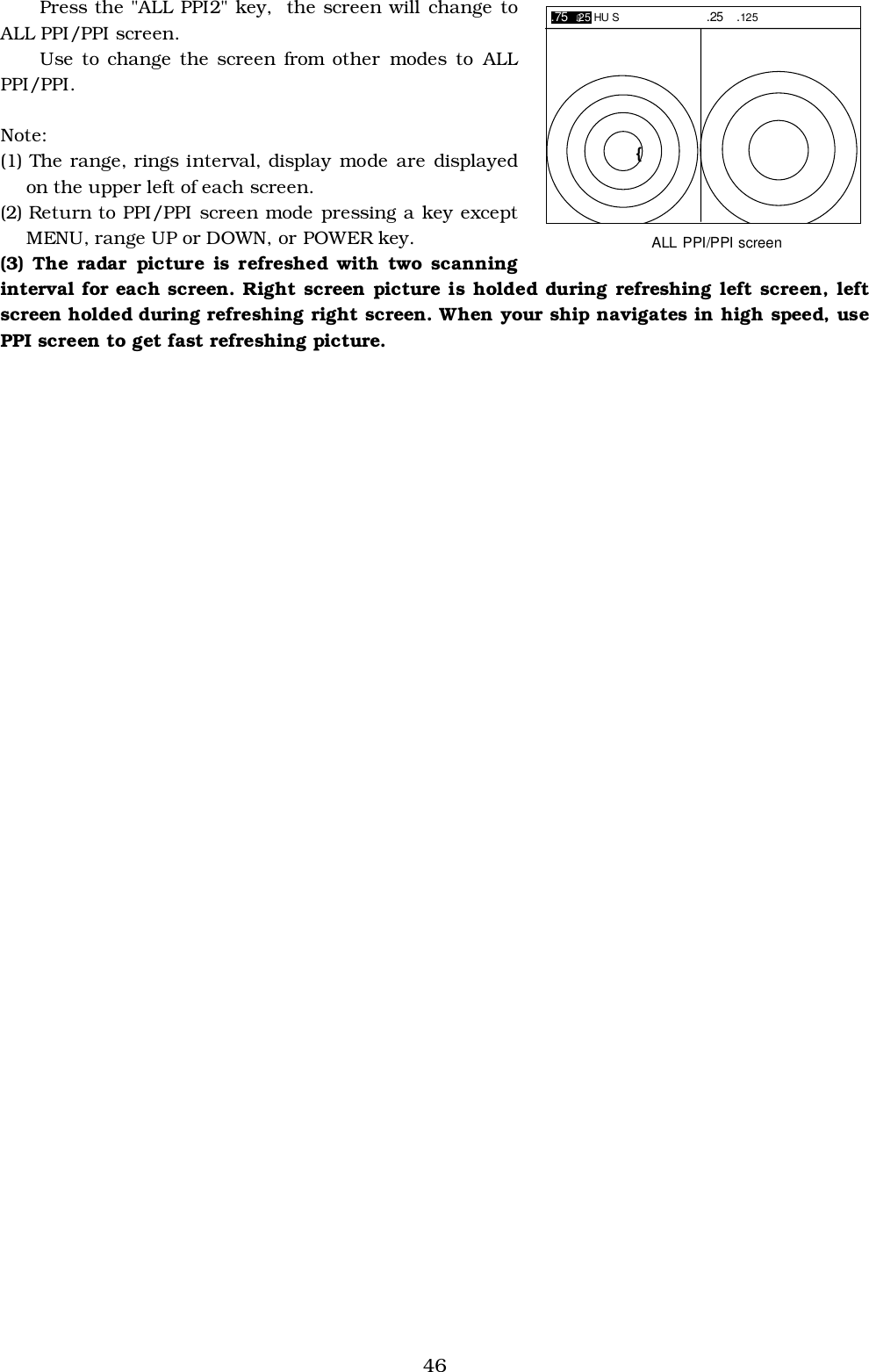 46Press the &quot;ALL PPI2&quot; key,  the screen will change toALL PPI/PPI screen.Use to change the screen from other modes to ALLPPI/PPI.Note:(1) The range, rings interval, display mode are displayedon the upper left of each screen.(2) Return to PPI/PPI screen mode pressing a key exceptMENU, range UP or DOWN, or POWER key.(3) The radar picture is refreshed with two scanninginterval for each screen. Right screen picture is holded during refreshing left screen, leftscreen holded during refreshing right screen. When your ship navigates in high speed, usePPI screen to get fast refreshing picture..75 @.25 HU S .25  .125{ALL PPI/PPI screen