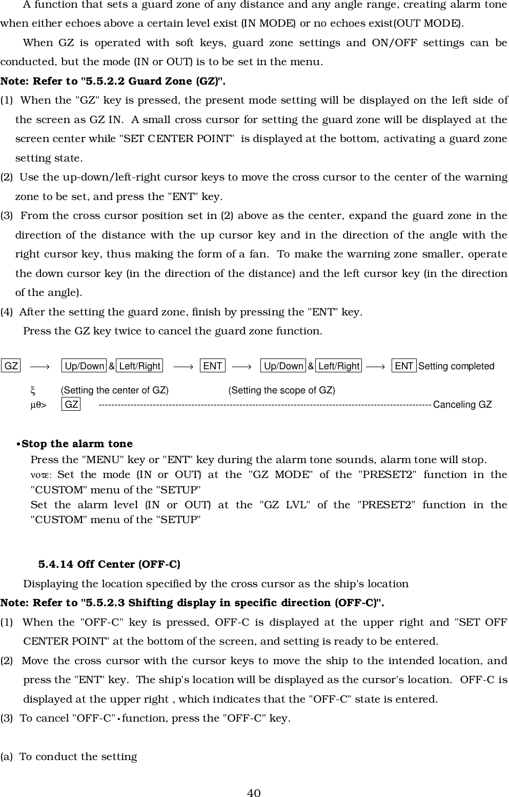 40A function that sets a guard zone of any distance and any angle range, creating alarm tonewhen either echoes above a certain level exist (IN MODE) or no echoes exist(OUT MODE).When GZ is operated with soft keys, guard zone settings and ON/OFF settings can beconducted, but the mode (IN or OUT) is to be set in the menu.Note: Refer to &quot;5.5.2.2 Guard Zone (GZ)&quot;.(1)  When the &quot;GZ&quot; key is pressed, the present mode setting will be displayed on the left side ofthe screen as GZ IN.  A small cross cursor for setting the guard zone will be displayed at thescreen center while &quot;SET CENTER POINT&quot;  is displayed at the bottom, activating a guard zonesetting state.(2)  Use the up-down/left-right cursor keys to move the cross cursor to the center of the warningzone to be set, and press the &quot;ENT&quot; key.(3)  From the cross cursor position set in (2) above as the center, expand the guard zone in thedirection of the distance with the up cursor key and in the direction of the angle with theright cursor key, thus making the form of a fan.  To make the warning zone smaller, operatethe down cursor key (in the direction of the distance) and the left cursor key (in the directionof the angle).(4)  After the setting the guard zone, finish by pressing the &quot;ENT&quot; key.Press the GZ key twice to cancel the guard zone function.GZ → Up/Down &amp; Left/Right →   ENT   →    Up/Down &amp; Left/Right  →   ENT Setting completedξ(Setting the center of GZ)       (Setting the scope of GZ)µθ&gt; GZ -------------------------------------------------------------------------------------------------------- Canceling GZ•Stop the alarm tonePress the &quot;MENU&quot; key or &quot;ENT&quot; key during the alarm tone sounds, alarm tone will stop.νοτε:  Set the mode (IN or OUT) at the &quot;GZ MODE&quot; of the &quot;PRESET2&quot; function in the&quot;CUSTOM&quot; menu of the &quot;SETUP&quot;Set the alarm level (IN or OUT) at the &quot;GZ LVL&quot; of the &quot;PRESET2&quot; function in the&quot;CUSTOM&quot; menu of the &quot;SETUP&quot;5.4.14 Off Center (OFF-C)Displaying the location specified by the cross cursor as the ship&apos;s locationNote: Refer to &quot;5.5.2.3 Shifting display in specific direction (OFF-C)&quot;.(1)  When the &quot;OFF-C&quot; key is pressed, OFF-C is displayed at the upper right and &quot;SET OFFCENTER POINT&quot; at the bottom of the screen, and setting is ready to be entered.(2)  Move the cross cursor with the cursor keys to move the ship to the intended location, andpress the &quot;ENT&quot; key.  The ship&apos;s location will be displayed as the cursor&apos;s location.  OFF-C isdisplayed at the upper right , which indicates that the &quot;OFF-C&quot; state is entered.(3)  To cancel &quot;OFF-C&quot;•function, press the &quot;OFF-C&quot; key.(a)  To conduct the setting