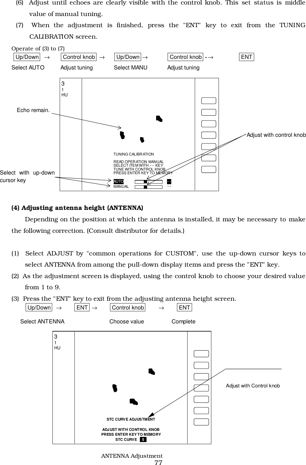 77(6)  Adjust until echoes are clearly visible with the control knob. This set status is middlevalue of manual tuning.(7)  When the adjustment is finished, press the &quot;ENT&quot; key to exit from the TUNINGCALIBRATION screen.Operate of (3) to (7) Up/Down  →Control knob  →Up/Down →Control knob •→ENTSelect AUTO Adjust tuning Select MANU Adjust tuning(4) Adjusting antenna height (ANTENNA)Depending on the position at which the antenna is installed, it may be necessary to makethe following correction. (Consult distributor for details.)(1)  Select ADJUST by &quot;common operations for CUSTOM&quot;, use the up-down cursor keys toselect ANTENNA from among the pull-down display items and press the &quot;ENT&quot; key.(2)  As the adjustment screen is displayed, using the control knob to choose your desired valuefrom 1 to 9.(3)  Press the &quot;ENT&quot; key to exit from the adjusting antenna height screen.Up/Down →ENT →Control knob →ENTSelect ANTENNA Choose value CompleteAdjust with control knobSelect with up-downcursor keyEcho remain.TUNING CALIBRATIONREAD OPERATION MANUALSELECT ITEM WITH •• KEYTUNE WITH CONTROL KNOBPRESS ENTER KEY TO MEMORYAUTO ••••••••MANUAL ••31HUAdjust with Control knobSTC CURV E ADJUSTMENTADJ UST WITH CONTROL KNOBPRESS ENTER KEY TO MEMORYSTC CURV E   _5_ 31HUANTENNA Adjustment