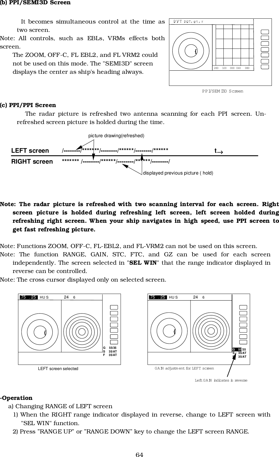 64(b) PPI/SEMI3D ScreenIt becomes simultaneous control at the time astwo screen.Note: All controls, such as EBLs, VRMs effects bothscreen.The ZOOM, OFF-C, FL EBL2, and FL VRM2 couldnot be used on this mode. The &quot;SEMI3D&quot; screendisplays the center as ship&apos;s heading always.(c) PPI/PPI ScreenThe radar picture is refreshed two antenna scanning for each PPI screen. Un-refreshed screen picture is holded during the time.Note: The radar picture is refreshed with two scanning interval for each screen. Rightscreen picture is holded during refreshing left screen, left screen holded duringrefreshing right screen. When your ship navigates in high speed, use PPI screen toget fast refreshing picture.Note: Functions ZOOM, OFF-C, FL-EBL2, and FL-VRM2 can not be used on this screen.Note: The function RANGE, GAIN, STC, FTC, and GZ can be used for each screenindependently. The screen selected in &quot;SEL WIN&quot; that the range indicator displayed inreverse can be controlled.Note: The cross cursor displayed only on selected screen.-Operationa) Changing RANGE of LEFT screen1) When the RIGHT range indicator displayed in reverse, change to LEFT screen with&quot;SEL WIN&quot; function.2) Press ”RANGE UP” or ”RANGE DOWN” key to change the LEFT screen RANGE. D‚V‚T D‚Q‚T ‚g‚t ‚r { 280  320  000 040  080 PPI/SEM I3D  Screen   LEFT screen  /--------/*******/--------/******/--------/******    t→→→→ RIGHT screen  ******* /--------/******/--------/******/--------/   picture drawing(refreshed) displayed previous picture ( hold)  .75  . 25  HU S   24  6  { G  55/35 S  35/AT F  35/AT LEFT screen selected .75  . 25  HU S    24  6  { G  55/35 S  35/AT F  35/AT GAIN adjustm ent for LEFT screen L e ft GAIN indicates in reverse 