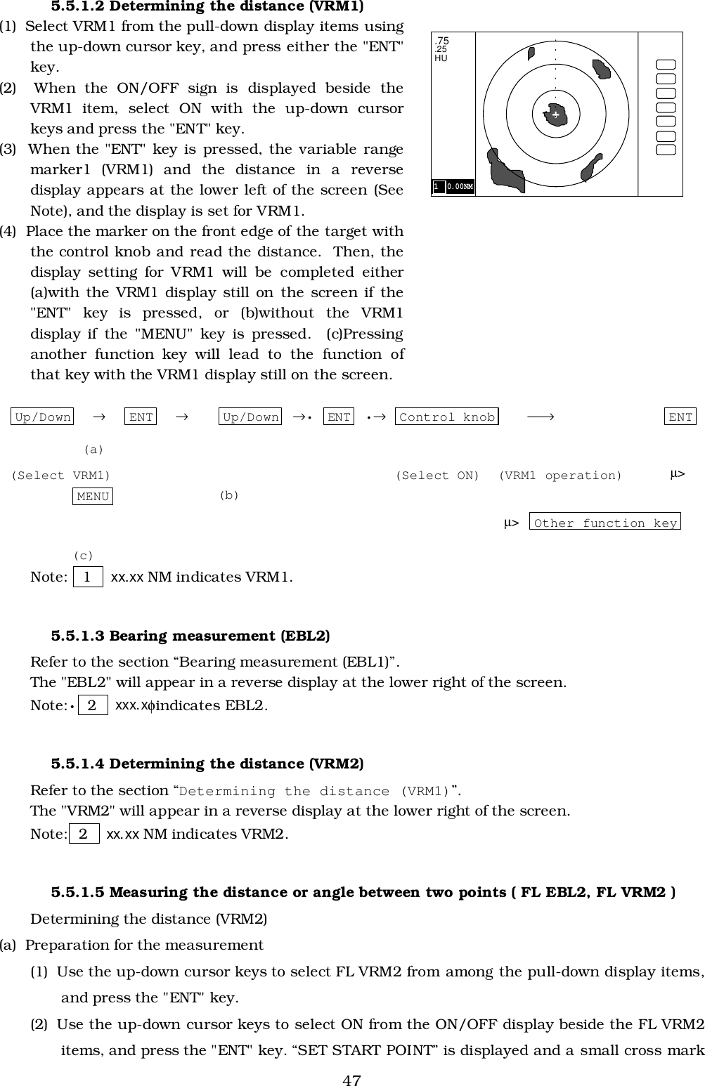 475.5.1.2 Determining the distance (VRM1)(1)  Select VRM1 from the pull-down display items usingthe up-down cursor key, and press either the &quot;ENT&quot;key.(2)  When the ON/OFF sign is displayed beside theVRM1 item, select ON with the up-down cursorkeys and press the &quot;ENT&quot; key.(3)  When the &quot;ENT&quot; key is pressed, the variable rangemarker1 (VRM1) and the distance in a reversedisplay appears at the lower left of the screen (SeeNote), and the display is set for VRM1.(4)  Place the marker on the front edge of the target withthe control knob and read the distance.  Then, thedisplay setting for VRM1 will be completed either(a)with the VRM1 display still on the screen if the&quot;ENT&quot; key is pressed, or (b)without the VRM1display if the &quot;MENU&quot; key is pressed.  (c)Pressinganother function key will lead to the function ofthat key with the VRM1 display still on the screen.Up/Down   →ENT   →Up/Down  →• ENT  •→Control knob → ENT(a)(Select VRM1) (Select ON) (VRM1 operation)   µ&gt;MENU (b)  µ&gt;Other function key(c)Note:   1    xx.xx NM indicates VRM1.5.5.1.3 Bearing measurement (EBL2)Refer to the section “Bearing measurement (EBL1)”.The &quot;EBL2&quot; will appear in a reverse display at the lower right of the screen.Note:• 2    xxx.xφindicates EBL2.5.5.1.4 Determining the distance (VRM2)Refer to the section “Determining the distance (VRM1)”.The &quot;VRM2&quot; will appear in a reverse display at the lower right of the screen.Note:  2    xx.xx NM indicates VRM2.5.5.1.5 Measuring the distance or angle between two points ( FL EBL2, FL VRM2 )Determining the distance (VRM2)(a)  Preparation for the measurement(1)  Use the up-down cursor keys to select FL VRM2 from among the pull-down display items,and press the &quot;ENT&quot; key.(2)  Use the up-down cursor keys to select ON from the ON/OFF display beside the FL VRM2items, and press the &quot;ENT&quot; key. “SET START POINT” is displayed and a small cross mark.75.25HU+1  0.00NM