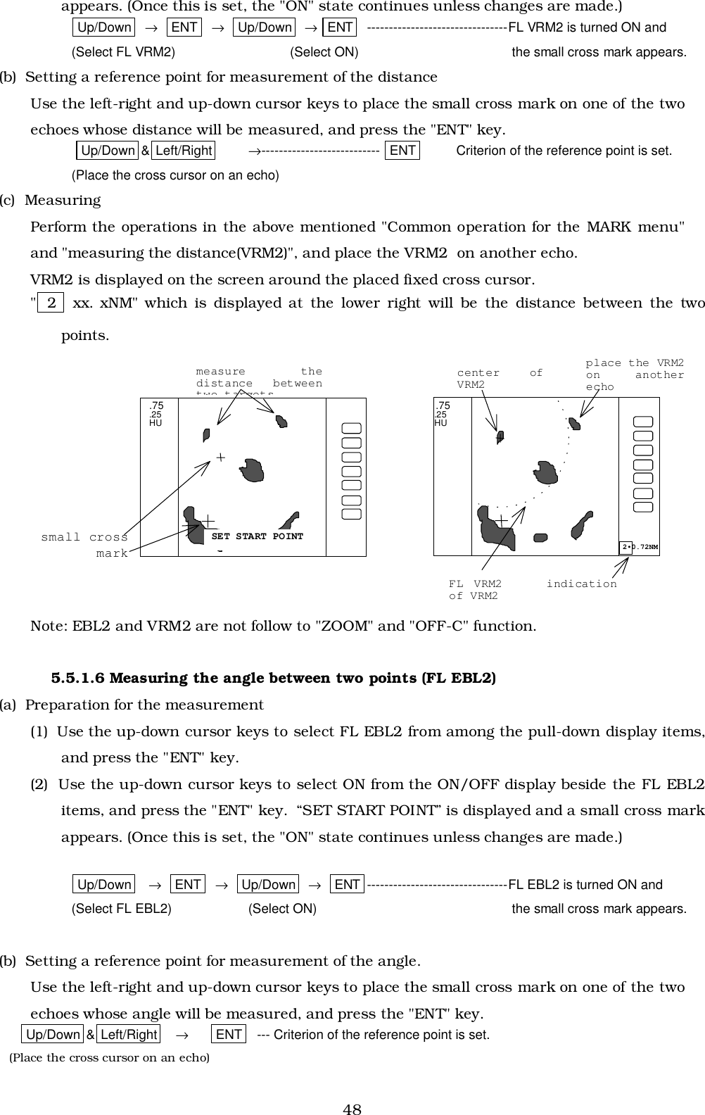 48appears. (Once this is set, the &quot;ON&quot; state continues unless changes are made.)Up/Down   →   ENT   →   Up/Down   → ENT   --------------------------------FL VRM2 is turned ON and(Select FL VRM2) (Select ON)  the small cross mark appears.(b)  Setting a reference point for measurement of the distanceUse the left-right and up-down cursor keys to place the small cross mark on one of the twoechoes whose distance will be measured, and press the &quot;ENT&quot; key. Up/Down &amp; Left/Right →--------------------------- ENT    Criterion of the reference point is set.(Place the cross cursor on an echo)(c)  MeasuringPerform the operations in the above mentioned &quot;Common operation for the MARK menu&quot;and &quot;measuring the distance(VRM2)&quot;, and place the VRM2  on another echo.VRM2 is displayed on the screen around the placed fixed cross cursor.&quot; 2   xx. xNM&quot; which is displayed at the lower right will be the distance between the twopoints.Note: EBL2 and VRM2 are not follow to &quot;ZOOM&quot; and &quot;OFF-C&quot; function.5.5.1.6 Measuring the angle between two points (FL EBL2)(a)  Preparation for the measurement(1)  Use the up-down cursor keys to select FL EBL2 from among the pull-down display items,and press the &quot;ENT&quot; key.(2)  Use the up-down cursor keys to select ON from the ON/OFF display beside the FL EBL2items, and press the &quot;ENT&quot; key.  “SET START POINT” is displayed and a small cross markappears. (Once this is set, the &quot;ON&quot; state continues unless changes are made.)Up/Down    →   ENT   →   Up/Down   →   ENT --------------------------------FL EBL2 is turned ON and(Select FL EBL2) (Select ON)  the small cross mark appears.(b)  Setting a reference point for measurement of the angle.Use the left-right and up-down cursor keys to place the small cross mark on one of the twoechoes whose angle will be measured, and press the &quot;ENT&quot; key.    Up/Down &amp; Left/Right → ENT   --- Criterion of the reference point is set.(Place the cross cursor on an echo)  .75  .25  HU2•0.72NMplace the VRM2on anotherecho SET START POINT.75.25HUmeasure thedistance betweentwo targetssmall crossmarkFL VRM2    indicationof VRM2center ofVRM2