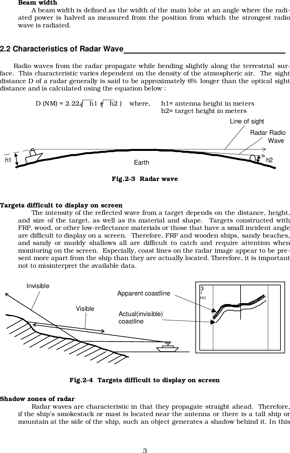 3Beam widthA beam width is defined as the width of the main lobe at an angle where the radi-ated power is halved as measured from the position from which the strongest radiowave is radiated.2.2 Characteristics of Radar Wave                                                                         Radio waves from the radar propagate while bending slightly along the terrestrial sur-face.  This characteristic varies dependent on the density of the atmospheric air.  The sightdistance D of a radar generally is said to be approximately 6%  longer than the optical sightdistance and is calculated using the equation below :     D (NM) = 2.22 (   h1 +   h2 ) where, h1= antenna height in metersh2= target height in metersFig.2-3  Radar waveTargets difficult to display on screenThe intensity of the reflected wave from a target depends on the distance, height,and size of the target, as well as its material and shape.  Targets constructed withFRP, wood, or other low-reflectance materials or those that have a small incident angleare difficult to display on a screen.  Therefore, FRP and wooden ships, sandy beaches,and sandy or muddy shallows all are difficult to catch and require attention whenmonitoring on the screen.  Especially, coast lines on the radar image appear to be pre-sent more apart from the ship than they are actually located. Therefore, it is importantnot to misinterpret the available data.Shadow zones of radarRadar waves are characteristic in that they propagate straight ahead.  Therefore,if the ship&apos;s smokestack or mast is located near the antenna or there is a tall ship ormountain at the side of the ship, such an object generates a shadow behind it. In this Apparent coastline Actual(invisible) coastline Invisible Visible 3 1  HU Fig.2-4  Targets difficult to display on screenh1 h2Line of sightRadar Radio          WaveEarth