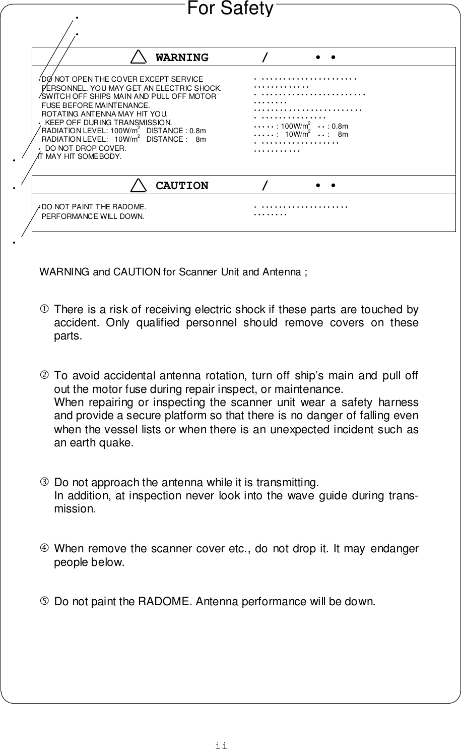 ii•DO NOT OPEN THE COVER EXCEPT SERVICE  PERSONNEL. YOU MAY GET AN ELECTRIC SHOCK.•SWITCH OFF SHIPS MAIN AND PULL OFF MOTOR  FUSE BEFORE MAINTENANCE.  ROTATING ANTENNA MAY HIT YOU.•  KEEP OFF DURING TRANSMISSION.   RADIATION LEVEL: 100W/m2   DISTANCE : 0.8m   RADIATION LEVEL:   10W/m2   DISTANCE :    8m•  DO NOT DROP COVER. IT MAY HIT SOMEBODY.• •••••••••••••••••••••• •••••••••••••• •••••••••••••••••••••••• •••••••• •••••••••••••••••••••••••• ••••••••••••••• ••••• : 100W/m2   •• : 0.8m ••••• :   10W/m2   •• :    8m• •••••••••••••••••• ••••••••••••DO NOT PAINT THE RADOME.  PERFORMANCE WILL DOWN.• •••••••••••••••••••• •••••••• WARNING and CAUTION for Scanner Unit and Antenna ;!There is a risk of receiving electric shock if these parts are touched byaccident. Only qualified personnel should remove covers on theseparts.&quot;To avoid accidental antenna rotation, turn off ship’s main and pull offout the motor fuse during repair inspect, or maintenance.When repairing or inspecting the scanner unit wear a safety harnessand provide a secure platform so that there is no danger of falling evenwhen the vessel lists or when there is an unexpected incident such asan earth quake.#Do not approach the antenna while it is transmitting.In addition, at inspection never look into the wave guide during trans-mission.$When remove the scanner cover etc., do not drop it. It may endangerpeople below.%Do not paint the RADOME. Antenna performance will be down.For SafetyWARNING       /      • •CAUTION       /      • ••••••