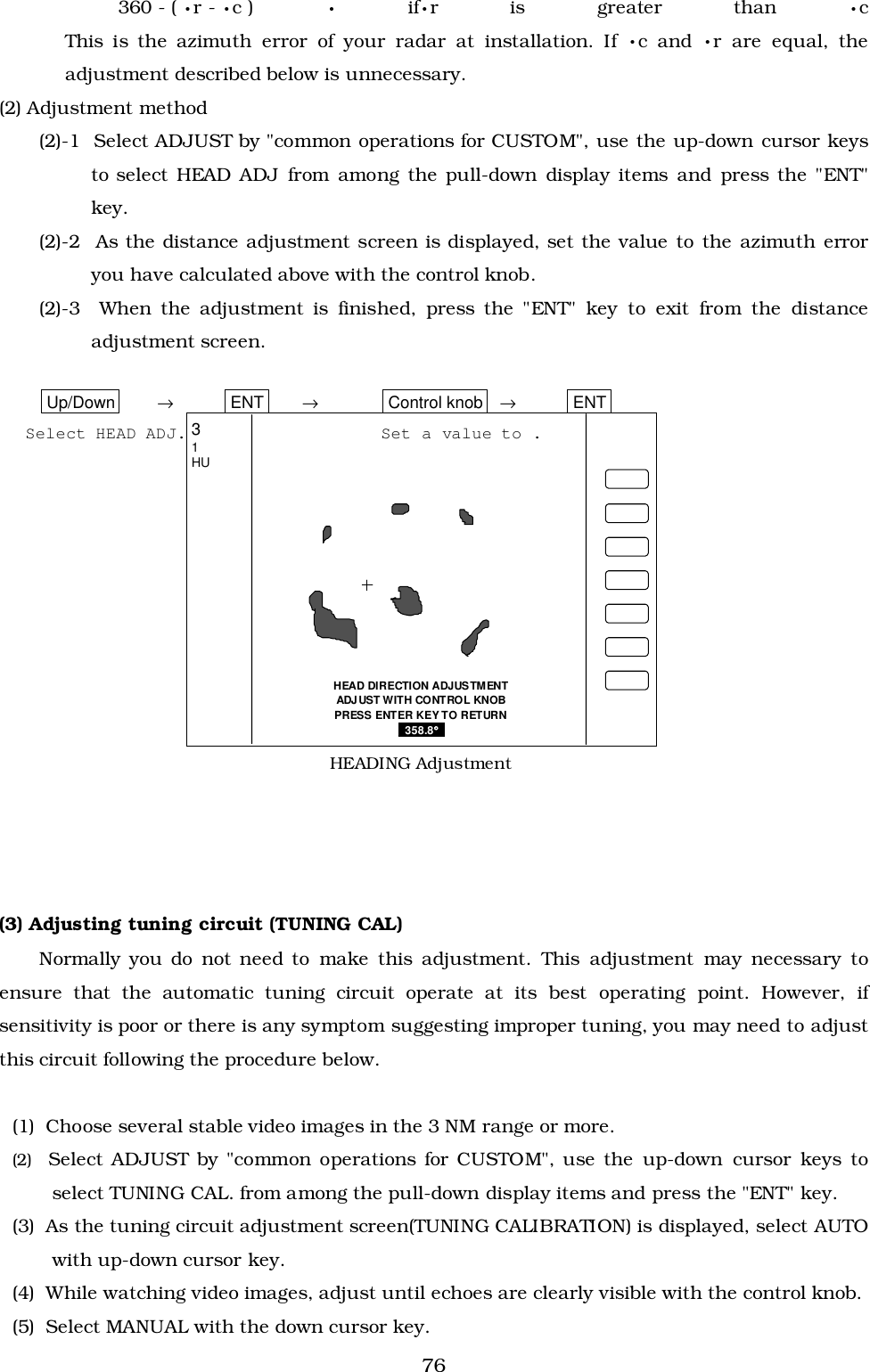 76360 - ( •r - •c ) • if•r is greater than •cThis is the azimuth error of your radar at installation. If •c and •r are equal, theadjustment described below is unnecessary.(2) Adjustment method(2)-1  Select ADJUST by &quot;common operations for CUSTOM&quot;, use the up-down cursor keysto select HEAD ADJ from among the pull-down display items and press the &quot;ENT&quot;key.(2)-2  As the distance adjustment screen is displayed, set the value to the azimuth erroryou have calculated above with the control knob.(2)-3  When the adjustment is finished, press the &quot;ENT&quot; key to exit from the distanceadjustment screen.Up/Down →ENT →Control knob →ENTSelect HEAD ADJ. Set a value to .(3) Adjusting tuning circuit (TUNING CAL)Normally you do not need to make this adjustment. This adjustment may necessary toensure that the automatic tuning circuit operate at its best operating point. However, ifsensitivity is poor or there is any symptom suggesting improper tuning, you may need to adjustthis circuit following the procedure below.(1)  Choose several stable video images in the 3 NM range or more.(2)  Select ADJUST by &quot;common operations for CUSTOM&quot;, use the up-down cursor keys toselect TUNING CAL. from among the pull-down display items and press the &quot;ENT&quot; key.(3)  As the tuning circuit adjustment screen(TUNING CALIBRATION) is displayed, select AUTOwith up-down cursor key.(4)  While watching video images, adjust until echoes are clearly visible with the control knob.(5)  Select MANUAL with the down cursor key.HEAD DIRECTION ADJUSTMENTADJ UST WITH CONTROL KNOBPRESS ENTER KEY TO RETURN _358.8°°°°_HEADING Adjustment31HU