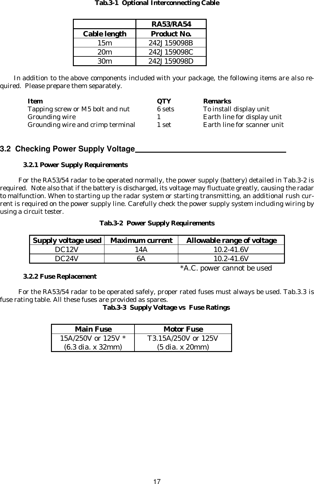  17 Tab.3-1  Optional Interconnecting Cable  In addition to the above components included with your package, the following items are also re-quired.  Please prepare them separately.   Item QTY Remarks  Tapping screw or M5 bolt and nut 6 sets To install display unit  Grounding wire 1 Earth line for display unit  Grounding wire and crimp terminal 1 set Earth line for scanner unit   3.2  Checking Power Supply Voltage    3.2.1 Power Supply Requirements  For the RA53/54 radar to be operated normally, the power supply (battery) detailed in Tab.3-2 is required.  Note also that if the battery is discharged, its voltage may fluctuate greatly, causing the radar to malfunction. When to starting up the radar system or starting transmitting, an additional rush cur-rent is required on the power supply line. Carefully check the power supply system including wiring by using a circuit tester. Tab.3-2  Power Supply Requirements  *A.C. power cannot be used 3.2.2 Fuse Replacement  For the RA53/54 radar to be operated safely, proper rated fuses must always be used. Tab.3.3 is fuse rating table. All these fuses are provided as spares. Tab.3-3  Supply Voltage vs  Fuse Ratings   RA53/RA54 Cable length Product No. 15m 242J159098B 20m 242J159098C 30m 242J159098D Supply voltage used Maximum current Allowable range of voltage DC12V 14A 10.2-41.6V DC24V 6A 10.2-41.6V Main Fuse Motor Fuse 15A/250V or 125V * (6.3 dia. x 32mm) T3.15A/250V or 125V (5 dia. x 20mm) 