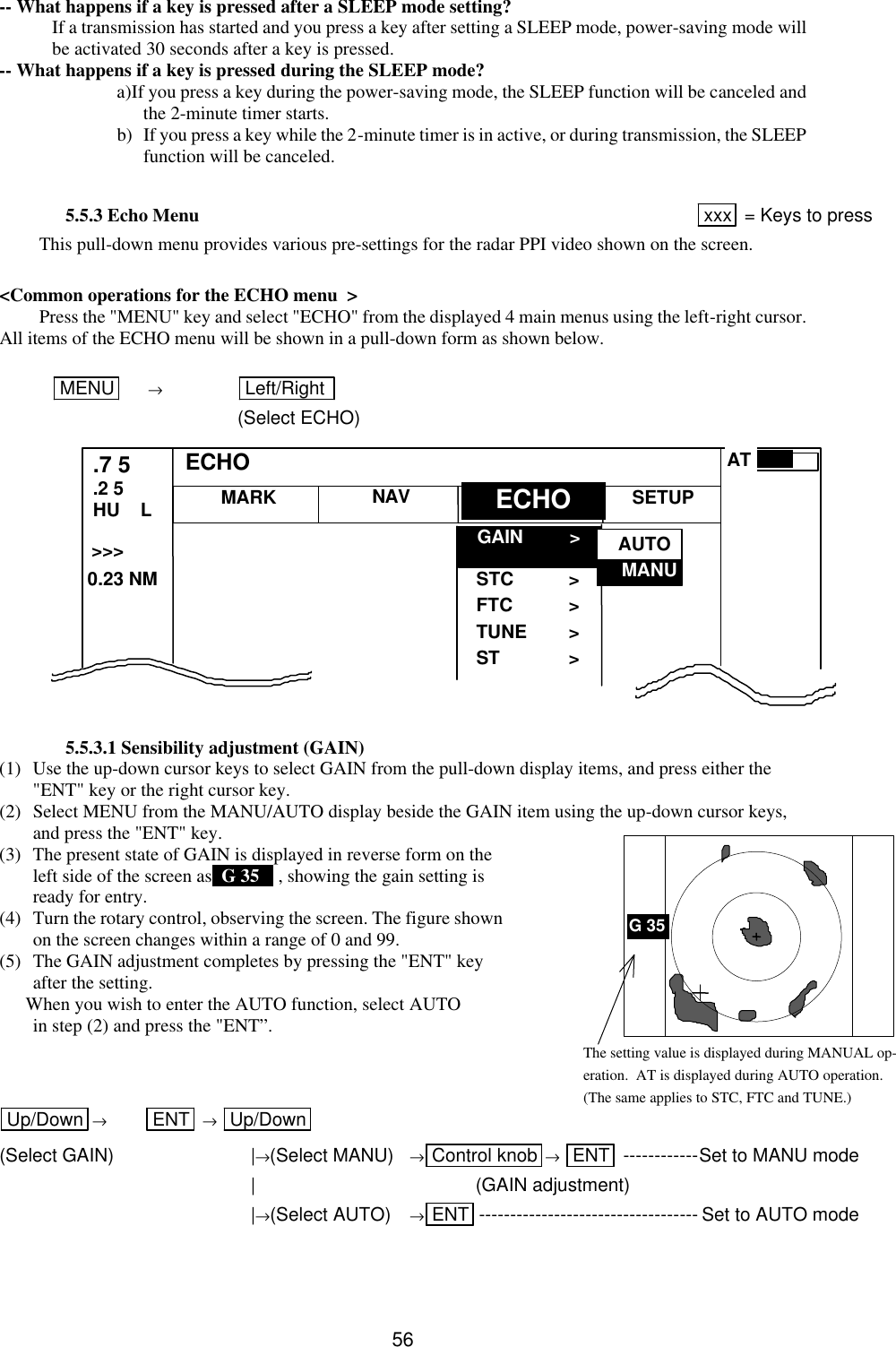   56  -- What happens if a key is pressed after a SLEEP mode setting? If a transmission has started and you press a key after setting a SLEEP mode, power-saving mode will be activated 30 seconds after a key is pressed. -- What happens if a key is pressed during the SLEEP mode? a) If you press a key during the power-saving mode, the SLEEP function will be canceled and the 2-minute timer starts. b) If you press a key while the 2-minute timer is in active, or during transmission, the SLEEP function will be canceled.  5.5.3 Echo Menu xxx  = Keys to press  This pull-down menu provides various pre-settings for the radar PPI video shown on the screen.  &lt;Common operations for the ECHO menu  &gt; Press the &quot;MENU&quot; key and select &quot;ECHO&quot; from the displayed 4 main menus using the left-right cursor. All items of the ECHO menu will be shown in a pull-down form as shown below.  MENU      → Left/Right    (Select ECHO)           5.5.3.1 Sensibility adjustment (GAIN) (1) Use the up-down cursor keys to select GAIN from the pull-down display items, and press either the &quot;ENT&quot; key or the right cursor key. (2) Select MENU from the MANU/AUTO display beside the GAIN item using the up-down cursor keys, and press the &quot;ENT&quot; key. (3) The present state of GAIN is displayed in reverse form on the left side of the screen as  G 35    , showing the gain setting is ready for entry. (4) Turn the rotary control, observing the screen. The figure shown on the screen changes within a range of 0 and 99. (5) The GAIN adjustment completes by pressing the &quot;ENT&quot; key after the setting. When you wish to enter the AUTO function, select AUTO  in step (2) and press the &quot;ENT”.    Up/Down  → ENT  → Up/Down  (Select GAIN) |→(Select MANU) →Control knob → ENT ------------Set to MANU mode  | (GAIN adjustment)  |→(Select AUTO) →ENT ----------------------------------- Set to AUTO mode  The setting value is displayed during MANUAL op-eration.  AT is displayed during AUTO operation. (The same applies to STC, FTC and TUNE.) G 35  56 MARK .7 5 .2 5 HU    L NAV ECHO SETUP ECHO &gt;&gt;&gt;  0.23 NM GAIN &gt; STC &gt; FTC &gt; TUNE &gt; ST &gt;     MANU    AUTO AT 