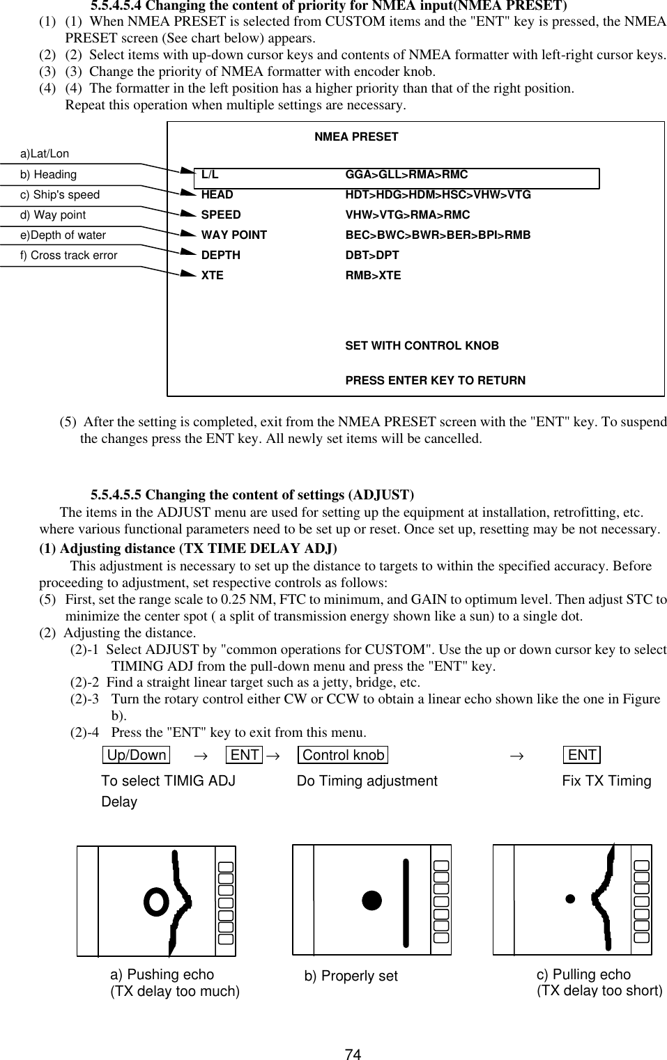   74 5.5.4.5.4 Changing the content of priority for NMEA input(NMEA PRESET) (1) (1)  When NMEA PRESET is selected from CUSTOM items and the &quot;ENT&quot; key is pressed, the NMEA PRESET screen (See chart below) appears. (2) (2)  Select items with up-down cursor keys and contents of NMEA formatter with left-right cursor keys. (3) (3)  Change the priority of NMEA formatter with encoder knob. (4) (4)  The formatter in the left position has a higher priority than that of the right position. Repeat this operation when multiple settings are necessary.                   (5)  After the setting is completed, exit from the NMEA PRESET screen with the &quot;ENT&quot; key. To suspend the changes press the ENT key. All newly set items will be cancelled.   5.5.4.5.5 Changing the content of settings (ADJUST) The items in the ADJUST menu are used for setting up the equipment at installation, retrofitting, etc. where various functional parameters need to be set up or reset. Once set up, resetting may be not necessary. (1) Adjusting distance (TX TIME DELAY ADJ) This adjustment is necessary to set up the distance to targets to within the specified accuracy. Before proceeding to adjustment, set respective controls as follows: (5) First, set the range scale to 0.25 NM, FTC to minimum, and GAIN to optimum level. Then adjust STC to minimize the center spot ( a split of transmission energy shown like a sun) to a single dot. (2)  Adjusting the distance. (2)-1  Select ADJUST by &quot;common operations for CUSTOM&quot;. Use the up or down cursor key to select TIMING ADJ from the pull-down menu and press the &quot;ENT&quot; key. (2)-2  Find a straight linear target such as a jetty, bridge, etc. (2)-3 Turn the rotary control either CW or CCW to obtain a linear echo shown like the one in Figure b). (2)-4 Press the &quot;ENT&quot; key to exit from this menu. Up/Down  → ENT  → Control knob       → ENT  To select TIMIG ADJ Do Timing adjustment    Fix TX Timing Delay             a) Pushing echo (TX delay too much) b) Properly set c) Pulling echo (TX delay too short)a)Lat/Lon b) Heading c) Ship&apos;s speed d) Way point e)Depth of water f) Cross track error   NMEA PRESET  L/L GGA&gt;GLL&gt;RMA&gt;RMC HEAD HDT&gt;HDG&gt;HDM&gt;HSC&gt;VHW&gt;VTG SPEED VHW&gt;VTG&gt;RMA&gt;RMC WAY POINT BEC&gt;BWC&gt;BWR&gt;BER&gt;BPI&gt;RMB DEPTH DBT&gt;DPT XTE RMB&gt;XTE                 SET WITH CONTROL KNOB      PRESS ENTER KEY TO RETURN 