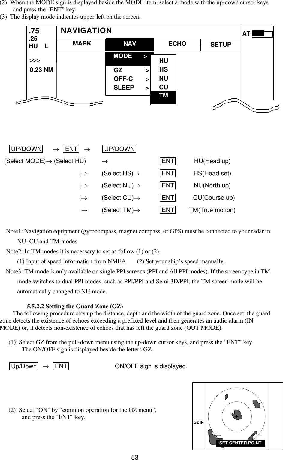   53(2)  When the MODE sign is displayed beside the MODE item, select a mode with the up-down cursor keys and press the &quot;ENT&quot; key.  (3)  The display mode indicates upper-left on the screen.                  UP/DOWN  →   ENT  →    UP/DOWN  (Select MODE)→ (Select HU) →      ENT  HU(Head up)       |→    (Select HS)→    ENT  HS(Head set)       |→    (Select NU)→    ENT  NU(North up)       |→    (Select CU)→    ENT    CU(Course up)        →    (Select TM)→    ENT  TM(True motion)  Note1: Navigation equipment (gyrocompass, magnet compass, or GPS) must be connected to your radar in NU, CU and TM modes. Note2: In TM modes it is necessary to set as follow (1) or (2). (1) Input of speed information from NMEA.      (2) Set your ship’s speed manually. Note3: TM mode is only available on single PPI screens (PPI and All PPI modes). If the screen type in TM mode switches to dual PPI modes, such as PPI/PPI and Semi 3D/PPI, the TM screen mode will be automatically changed to NU mode.       5.5.2.2 Setting the Guard Zone (GZ) The following procedure sets up the distance, depth and the width of the guard zone. Once set, the guard zone detects the existence of echoes exceeding a prefixed level and then generates an audio alarm (IN MODE) or, it detects non-existence of echoes that has left the guard zone (OUT MODE).  (1)  Select GZ from the pull-down menu using the up-down cursor keys, and press the “ENT” key. The ON/OFF sign is displayed beside the letters GZ.  Up/Down   →   ENT     ON/OFF sign is displayed.    (2)  Select “ON” by “common operation for the GZ menu”, and press the “ENT” key. GZ IN SET CENTER POINT MARK  MODE &gt; GZ &gt; OFF-C &gt; SLEEP &gt;  .75 .25 HU    L NAV ECHO SETUP NAVIGATION &gt;&gt;&gt;   0.23 NM  AT HU HS NU CU  TM 