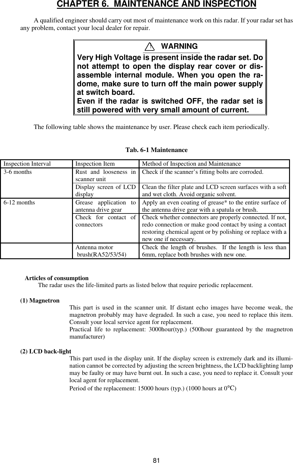  81CHAPTER 6.  MAINTENANCE AND INSPECTION  A qualified engineer should carry out most of maintenance work on this radar. If your radar set has any problem, contact your local dealer for repair.   Very High Voltage is present inside the radar set. Do not attempt to open the display rear cover or dis-assemble internal module. When you open the ra-dome, make sure to turn off the main power supply at switch board. Even if the radar is switched OFF, the radar set is still powered with very small amount of current.  The following table shows the maintenance by user. Please check each item periodically.   Tab. 6-1 Maintenance   Articles of consumption The radar uses the life-limited parts as listed below that require periodic replacement.  (1) Magnetron This part is used in the scanner unit. If distant echo images have become weak, the magnetron probably may have degraded. In such a case, you need to replace this item. Consult your local service agent for replacement. Practical life to replacement: 3000hour(typ.) (500hour guaranteed by the magnetron manufacturer)  (2) LCD back-light This part used in the display unit. If the display screen is extremely dark and its illumi-nation cannot be corrected by adjusting the screen brightness, the LCD backlighting lamp may be faulty or may have burnt out. In such a case, you need to replace it. Consult your local agent for replacement. Period of the replacement: 15000 hours (typ.) (1000 hours at 0°C) Inspection Interval Inspection Item Method of Inspection and Maintenance 3-6 months Rust and looseness in scanner unit Check if the scanner’s fitting bolts are corroded.  Display screen of LCD display Clean the filter plate and LCD screen surfaces with a soft and wet cloth. Avoid organic solvent. 6-12 months Grease application to antenna drive gear Apply an even coating of grease* to the entire surface of the antenna drive gear with a spatula or brush.  Check for contact of connectors Check whether connectors are properly connected. If not, redo connection or make good contact by using a contact restoring chemical agent or by polishing or replace with a new one if necessary.  Antenna motor  brush(RA52/53/54) Check the length of brushes.  If the length is less than 6mm, replace both brushes with new one. ! WARNING 