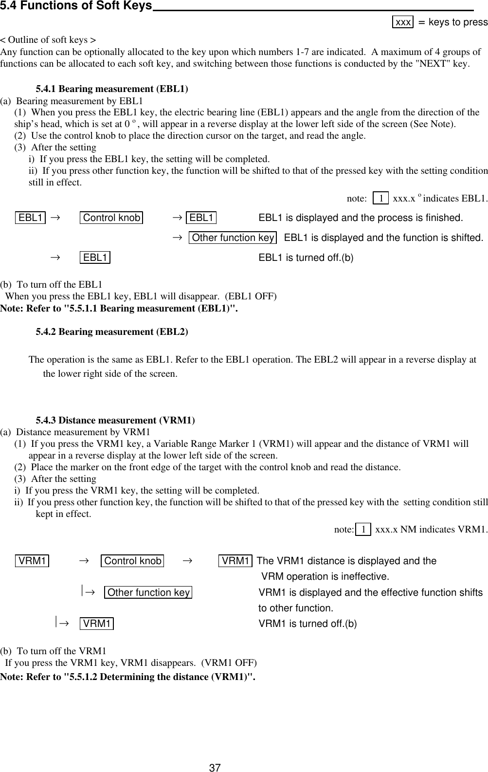  37 5.4 Functions of Soft Keys   xxx  = keys to press &lt; Outline of soft keys &gt; Any function can be optionally allocated to the key upon which numbers 1-7 are indicated.  A maximum of 4 groups of functions can be allocated to each soft key, and switching between those functions is conducted by the &quot;NEXT&quot; key.   5.4.1 Bearing measurement (EBL1) (a)  Bearing measurement by EBL1 (1)  When you press the EBL1 key, the electric bearing line (EBL1) appears and the angle from the direction of the ship’s head, which is set at 0 o , will appear in a reverse display at the lower left side of the screen (See Note). (2)  Use the control knob to place the direction cursor on the target, and read the angle.  (3)  After the setting  i)  If you press the EBL1 key, the setting will be completed. ii)  If you press other function key, the function will be shifted to that of the pressed key with the setting condition still in effect. note:    1   xxx.x o indicates EBL1. EBL1  → Control knob  → EBL1  EBL1 is displayed and the process is finished.         →   Other function key   EBL1 is displayed and the function is shifted.  → EBL1       EBL1 is turned off.(b)  (b)  To turn off the EBL1   When you press the EBL1 key, EBL1 will disappear.  (EBL1 OFF) Note: Refer to &quot;5.5.1.1 Bearing measurement (EBL1)&quot;.  5.4.2 Bearing measurement (EBL2)  The operation is the same as EBL1. Refer to the EBL1 operation. The EBL2 will appear in a reverse display at the lower right side of the screen.   5.4.3 Distance measurement (VRM1) (a)  Distance measurement by VRM1 (1)  If you press the VRM1 key, a Variable Range Marker 1 (VRM1) will appear and the distance of VRM1 will appear in a reverse display at the lower left side of the screen. (2)  Place the marker on the front edge of the target with the control knob and read the distance. (3)  After the setting  i)  If you press the VRM1 key, the setting will be completed. ii)  If you press other function key, the function will be shifted to that of the pressed key with the  setting condition still kept in effect. note:  1   xxx.x NM indicates VRM1.  VRM1  →     Control knob       →          VRM1  The VRM1 distance is displayed and the            VRM operation is ineffective.      →    Other function key  VRM1 is displayed and the effective function shifts            to other function.   → VRM1       VRM1 is turned off.(b)  (b)  To turn off the VRM1   If you press the VRM1 key, VRM1 disappears.  (VRM1 OFF) Note: Refer to &quot;5.5.1.2 Determining the distance (VRM1)&quot;.      