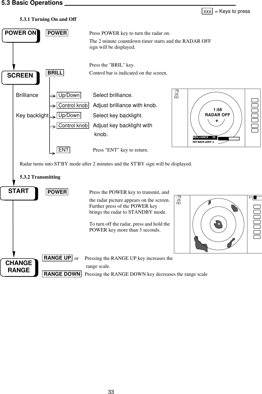  33 5.3 Basic Operations    xxx  = Keys to press  5.3.1 Turning On and Off   POWER  Press POWER key to turn the radar on.   The 2 minute countdown timer starts and the RADAR OFF   sign will be displayed.       Press the &quot;BRIL&quot; key.     BRILL  Control bar is indicated on the screen.    Brilliance Up/Down  Select brilliance.     Control knob  Adjust brilliance with knob.  Key backlight Up/Down  Select key backlight.     Control knob  Adjust key backlight with        knob.    ENT  Press &quot;ENT&quot; key to return.   Radar turns into ST&apos;BY mode after 2 minutes and the ST&apos;BY sign will be displayed.   5.3.2 Transmitting   POWER  Press the POWER key to transmit, and the radar picture appears on the screen. Further press of the POWER key brings the radar to STANDBY mode.  To turn off the radar, press and hold the POWER key more than 3 seconds.        RANGE UP  or Pressing the RANGE UP key increases the        range scale.   RANGE DOWN  Pressing the RANGE DOWN key decreases the range scale                  SCREEN POWER ON START CHANGE RANGE .75 .25 HU BRILLIANCE   50 1:58 RADAR OFF + KEY BACK LIGHT  4 AT .75 .25 HU + 