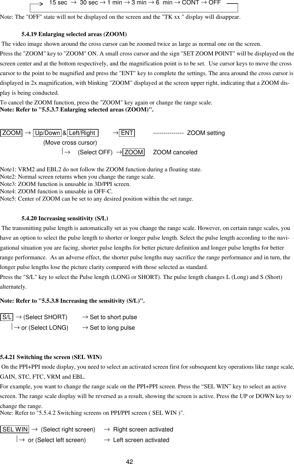  42   15 sec  →  30 sec → 1 min → 3 min → 6  min → CONT → OFF  Note: The &quot;OFF&quot; state will not be displayed on the screen and the &quot;TK xx &quot; display will disappear.  5.4.19 Enlarging selected areas (ZOOM)  The video image shown around the cross cursor can be zoomed twice as large as normal one on the screen. Press the &quot;ZOOM&quot; key to &quot;ZOOM&quot; ON. A small cross cursor and the sign &quot;SET ZOOM POINT&quot; will be displayed on the screen center and at the bottom respectively, and the magnification point is to be set.  Use cursor keys to move the cross cursor to the point to be magnified and press the &quot;ENT&quot; key to complete the settings. The area around the cross cursor is displayed in 2x magnification, with blinking &quot;ZOOM&quot; displayed at the screen upper right, indicating that a ZOOM dis-play is being conducted.  To cancel the ZOOM function, press the &quot;ZOOM&quot; key again or change the range scale. Note: Refer to &quot;5.5.3.7 Enlarging selected areas (ZOOM)&quot;.   ZOOM  → Up/Down &amp;Left/Right     →ENT    ---------------  ZOOM setting  (Move cross cursor)  → (Select OFF)  →ZOOM   ZOOM canceled  Note1: VRM2 and EBL2 do not follow the ZOOM function during a floating state. Note2: Normal screen returns when you change the range scale. Note3: ZOOM function is unusable in 3D/PPI screen. Note4: ZOOM function is unusable in OFF-C. Note5: Center of ZOOM can be set to any desired position within the set range.  5.4.20 Increasing sensitivity (S/L)  The transmitting pulse length is automatically set as you change the range scale. However, on certain range scales, you have an option to select the pulse length to shorter or longer pulse length. Select the pulse length according to the navi-gational situation you are facing, shorter pulse lengths for better picture definition and longer pulse lengths for better range performance.  As an adverse effect, the shorter pulse lengths may sacrifice the range performance and in turn, the longer pulse lengths lose the picture clarity compared with those selected as standard.  Press the &quot;S/L&quot; key to select the Pulse length (LONG or SHORT). The pulse length changes L (Long) and S (Short) alternately.  Note: Refer to &quot;5.5.3.8 Increasing the sensitivity (S/L)&quot;.  S/L  → (Select SHORT) → Set to short pulse       → or (Select LONG) → Set to long pulse   5.4.21 Switching the screen (SEL WIN)  On the PPI+PPI mode display, you need to select an activated screen first for subsequent key operations like range scale, GAIN, STC, FTC, VRM and EBL. For example, you want to change the range scale on the PPI+PPI screen. Press the “SEL WIN” key to select an active screen. The range scale display will be reversed as a result, showing the screen is active. Press the UP or DOWN key to change the range. Note: Refer to &quot;5.5.4.2 Switching screens on PPI/PPI screen ( SEL WIN )&quot;.  SEL WIN  →  (Select right screen) →  Right screen activated          →  or (Select left screen) →  Left screen activated  