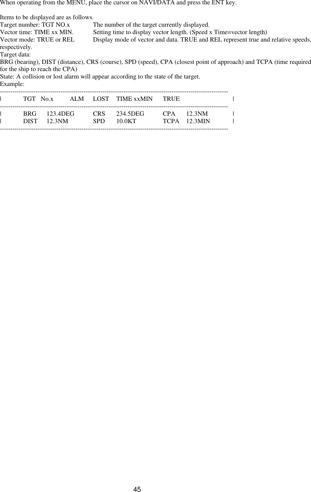  45 When operating from the MENU, place the cursor on NAVI/DATA and press the ENT key.  Items to be displayed are as follows. Target number: TGT NO.x The number of the target currently displayed. Vector time: TIME xx MIN. Setting time to display vector length. (Speed x Time=vector length) Vector mode: TRUE or REL Display mode of vector and data. TRUE and REL represent true and relative speeds, respectively. Target data: BRG (bearing), DIST (distance), CRS (course), SPD (speed), CPA (closest point of approach) and TCPA (time required for the ship to reach the CPA) State: A collision or lost alarm will appear according to the state of the target. Example: ------------------------------------------------------------------------------------------------------------- | TGT   No.x ALM LOST TIME xxMIN TRUE   | ------------------------------------------------------------------------------------------------------------- | BRG 123.4DEG CRS 234.5DEG CPA 12.3NM   | | DIST 12.3NM   SPD 10.0KT    TCPA 12.3MIN | -------------------------------------------------------------------------------------------------------------      