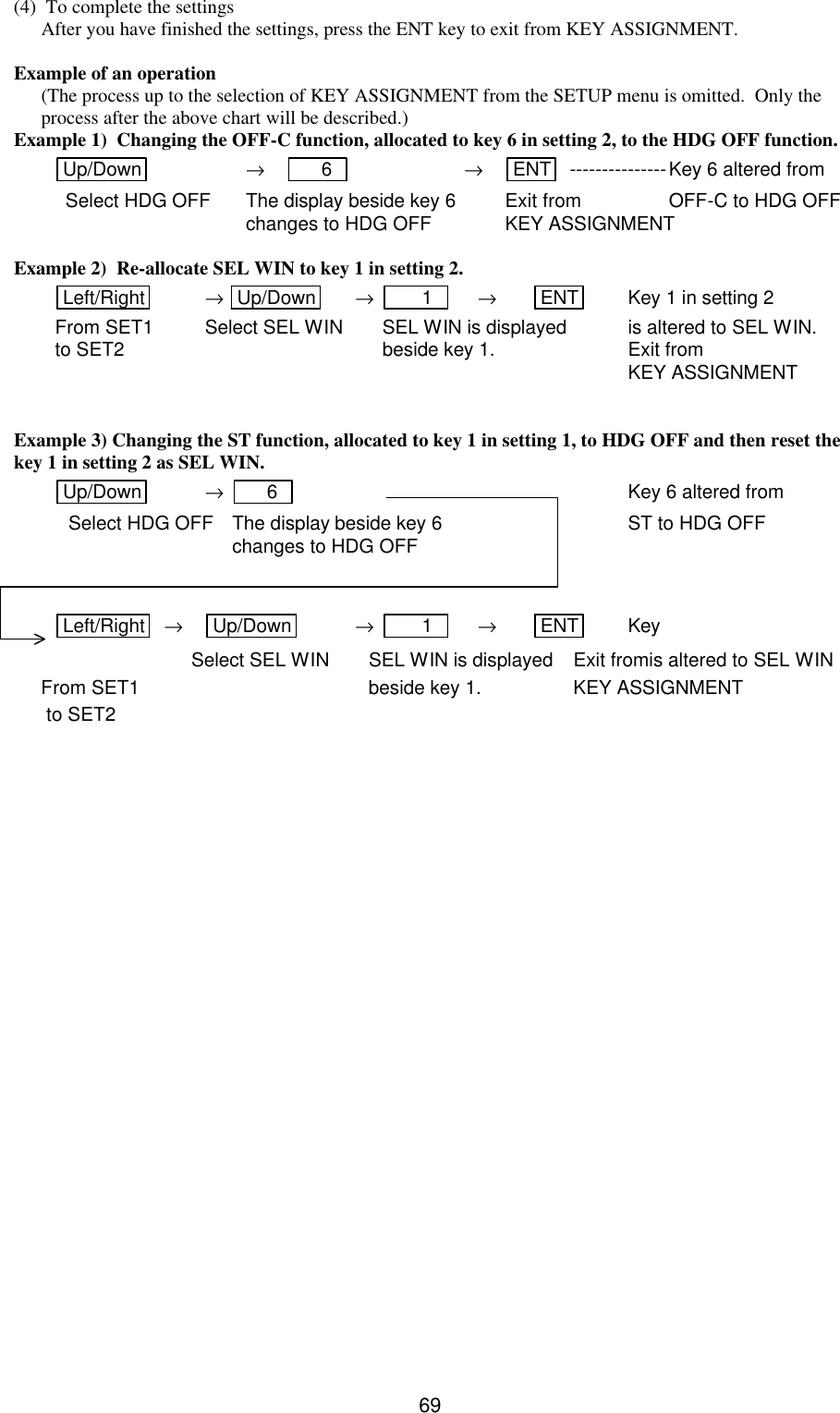   69(4)  To complete the settings After you have finished the settings, press the ENT key to exit from KEY ASSIGNMENT.  Example of an operation  (The process up to the selection of KEY ASSIGNMENT from the SETUP menu is omitted.  Only the process after the above chart will be described.) Example 1)  Changing the OFF-C function, allocated to key 6 in setting 2, to the HDG OFF function.     Up/Down  →      6    → ENT  ---------------Key 6 altered from   Select HDG OFF The display beside key 6 Exit from  OFF-C to HDG OFF  changes to HDG OFF KEY ASSIGNMENT  Example 2)  Re-allocate SEL WIN to key 1 in setting 2. Left/Right  → Up/Down  →       1    → ENT  Key 1 in setting 2 From SET1  Select SEL WIN SEL WIN is displayed is altered to SEL WIN. to SET2    beside key 1. Exit from     KEY ASSIGNMENT   Example 3) Changing the ST function, allocated to key 1 in setting 1, to HDG OFF and then reset the key 1 in setting 2 as SEL WIN.   Up/Down  →      6       Key 6 altered from Select HDG OFF The display beside key 6 ST to HDG OFF changes to HDG OFF       Left/Right  → Up/Down  →       1    → ENT  Key   Select SEL WIN SEL WIN is displayed Exit fromis altered to SEL WIN From SET1     beside key 1. KEY ASSIGNMENT  to SET2  