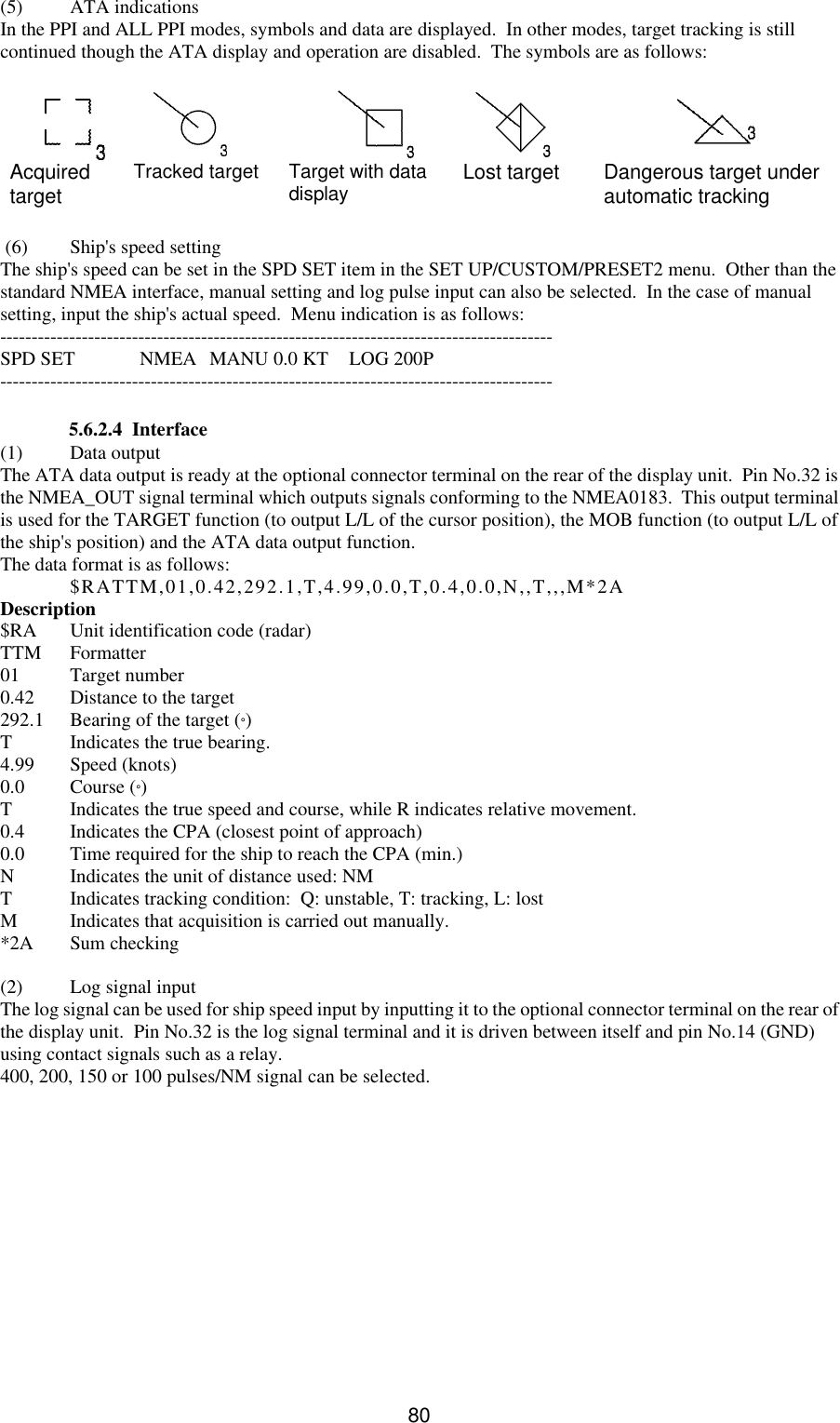   80 (5) ATA indications In the PPI and ALL PPI modes, symbols and data are displayed.  In other modes, target tracking is still continued though the ATA display and operation are disabled.  The symbols are as follows:          Acquired target Tracked target Target with data display Lost target Dangerous target under automatic tracking   (6) Ship&apos;s speed setting The ship&apos;s speed can be set in the SPD SET item in the SET UP/CUSTOM/PRESET2 menu.  Other than the standard NMEA interface, manual setting and log pulse input can also be selected.  In the case of manual setting, input the ship&apos;s actual speed.  Menu indication is as follows: ---------------------------------------------------------------------------------------- SPD SET NMEA MANU 0.0 KT LOG 200P ----------------------------------------------------------------------------------------   5.6.2.4  Interface (1) Data output The ATA data output is ready at the optional connector terminal on the rear of the display unit.  Pin No.32 is the NMEA_OUT signal terminal which outputs signals conforming to the NMEA0183.  This output terminal is used for the TARGET function (to output L/L of the cursor position), the MOB function (to output L/L of the ship&apos;s position) and the ATA data output function. The data format is as follows:  $RATTM,01,0.42,292.1,T,4.99,0.0,T,0.4,0.0,N,,T,,,M*2A Description $RA Unit identification code (radar) TTM Formatter 01 Target number 0.42 Distance to the target 292.1 Bearing of the target (°) T Indicates the true bearing. 4.99 Speed (knots) 0.0 Course (°) T Indicates the true speed and course, while R indicates relative movement. 0.4 Indicates the CPA (closest point of approach) 0.0 Time required for the ship to reach the CPA (min.) N Indicates the unit of distance used: NM T Indicates tracking condition:  Q: unstable, T: tracking, L: lost M Indicates that acquisition is carried out manually. *2A Sum checking  (2) Log signal input The log signal can be used for ship speed input by inputting it to the optional connector terminal on the rear of the display unit.  Pin No.32 is the log signal terminal and it is driven between itself and pin No.14 (GND) using contact signals such as a relay. 400, 200, 150 or 100 pulses/NM signal can be selected.  