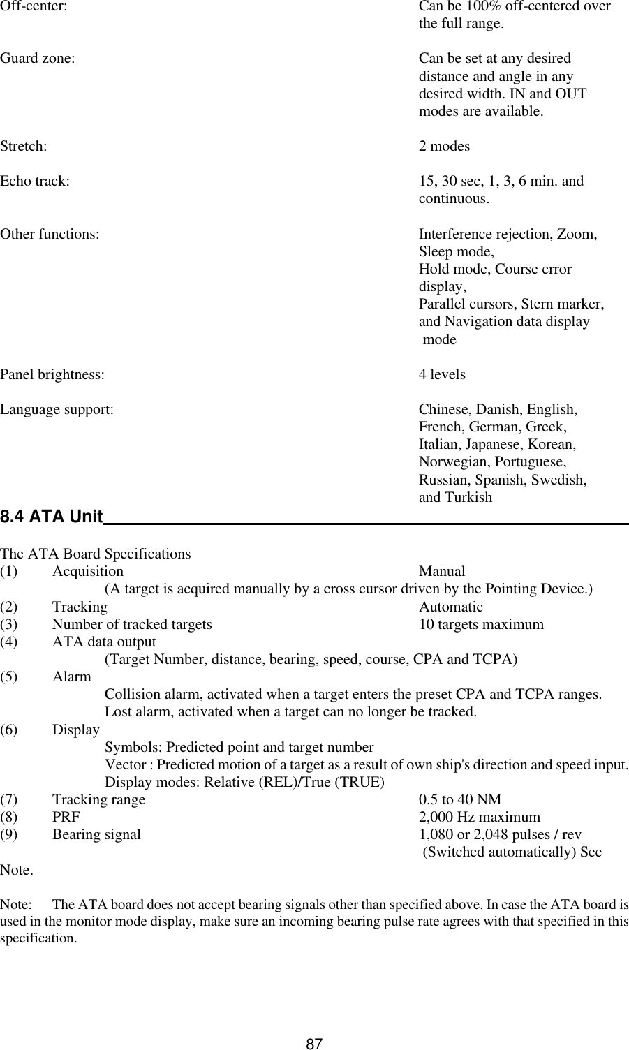 87 Off-center:    Can be 100% off-centered over     the full range.  Guard zone:    Can be set at any desired     distance and angle in any     desired width. IN and OUT     modes are available.  Stretch:    2 modes  Echo track:    15, 30 sec, 1, 3, 6 min. and     continuous.  Other functions:    Interference rejection, Zoom,     Sleep mode,     Hold mode, Course error     display,      Parallel cursors, Stern marker,     and Navigation data display      mode  Panel brightness:    4 levels  Language support:    Chinese, Danish, English,     French, German, Greek,     Italian, Japanese, Korean,     Norwegian, Portuguese,     Russian, Spanish, Swedish,     and Turkish 8.4 ATA Unit   The ATA Board Specifications  (1) Acquisition      Manual   (A target is acquired manually by a cross cursor driven by the Pointing Device.) (2) Tracking      Automatic (3) Number of tracked targets    10 targets maximum (4) ATA data output   (Target Number, distance, bearing, speed, course, CPA and TCPA) (5) Alarm   Collision alarm, activated when a target enters the preset CPA and TCPA ranges.   Lost alarm, activated when a target can no longer be tracked. (6) Display   Symbols: Predicted point and target number    Vector : Predicted motion of a target as a result of own ship&apos;s direction and speed input.   Display modes: Relative (REL)/True (TRUE) (7) Tracking range      0.5 to 40 NM (8) PRF       2,000 Hz maximum (9) Bearing signal      1,080 or 2,048 pulses / rev          (Switched automatically) See Note.  Note: The ATA board does not accept bearing signals other than specified above. In case the ATA board is used in the monitor mode display, make sure an incoming bearing pulse rate agrees with that specified in this specification.     