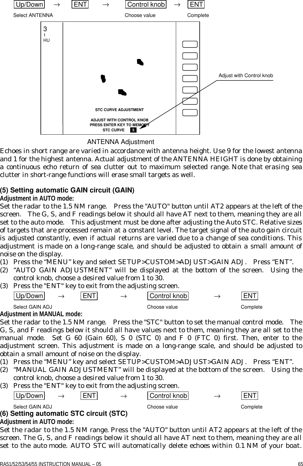 RA51/52/53/54/55 INSTRUCTION MANUAL – 05    65 Up/Down  → ENT  → Control knob  → ENT  Select ANTENNA         Choose value   Complete                  Echoes in short range are varied in accordance with antenna height. Use 9 for the lowest antenna and 1 for the highest antenna. Actual adjustment of the ANTENNA HEIGHT is done by obtaining a continuous echo return of sea clutter out to maximum selected range. Note that erasing sea clutter in short-range functions will erase small targets as well.  (5) Setting automatic GAIN circuit (GAIN) Adjustment in AUTO mode: Set the radar to the 1.5 NM range.  Press the &quot;AUTO&quot; button until AT2 appears at the left of the screen.  The G, S, and F readings below it should all have AT next to them, meaning they are all set to the auto mode.  This adjustment must be done after adjusting the Auto STC. Relative sizes of targets that are processed remain at a constant level. The target signal of the auto gain circuit is adjusted constantly, even if actual returns are varied due to a change of sea conditions. This adjustment is made on a long-range scale, and should be adjusted to obtain a small amount of noise on the display. (1) Press the “MENU” key and select SETUP&gt;CUSTOM&gt;ADJUST&gt;GAIN ADJ.  Press “ENT”.   (2) “AUTO GAIN ADJUSTMENT” will be displayed at the bottom of the screen.  Using the control knob, choose a desired value from 1 to 30. (3) Press the &quot;ENT&quot; key to exit from the adjusting screen. Up/Down  → ENT  → Control knob  → ENT  Select GAIN ADJ              Choose value     Complete Adjustment in MANUAL mode: Set the radar to the 1.5 NM range.  Press the &quot;STC&quot; button to set the manual control mode.  The G, S, and F readings below it should all have values next to them, meaning they are all set to the manual mode.  Set G 60 (Gain 60), S 0 (STC 0) and F 0 (FTC 0) first. Then, enter to the adjustment screen. This adjustment is made on a long-range scale, and should be adjusted to obtain a small amount of noise on the display. (1) Press the “MENU” key and select SETUP&gt;CUSTOM&gt;ADJUST&gt;GAIN ADJ.  Press “ENT”.   (2) “MANUAL GAIN ADJUSTMENT” will be displayed at the bottom of the screen.  Using the control knob, choose a desired value from 1 to 30. (3) Press the &quot;ENT&quot; key to exit from the adjusting screen.   Up/Down  → ENT  → Control knob  → ENT  Select GAIN ADJ              Choose value      Complete (6) Setting automatic STC circuit (STC) Adjustment in AUTO mode: Set the radar to the 1.5 NM range. Press the &quot;AUTO&quot; button until AT2 appears at the left of the screen. The G, S, and F readings below it should all have AT next to them, meaning they are all set to the auto mode. AUTO STC will automatically delete echoes within 0.1 NM of your boat.  STC CURVE ADJUSTMENT  ADJUST WITH CONTROL KNOB PRESS ENTER KEY TO MEMORY STC CURVE    _5_   3 1 HU ANTENNA Adjustment Adjust with Control knob 