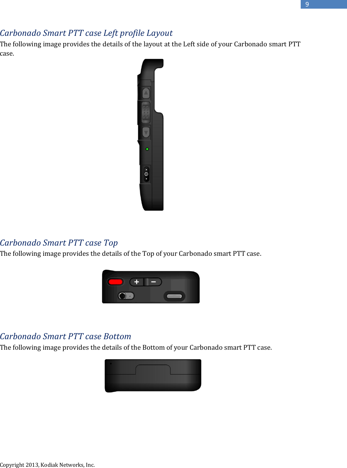  Copyright 2013, Kodiak Networks, Inc.      9 Carbonado Smart PTT case Left profile Layout The following image provides the details of the layout at the Left side of your Carbonado smart PTT case.    Carbonado Smart PTT case Top The following image provides the details of the Top of your Carbonado smart PTT case.     Carbonado Smart PTT case Bottom The following image provides the details of the Bottom of your Carbonado smart PTT case.       