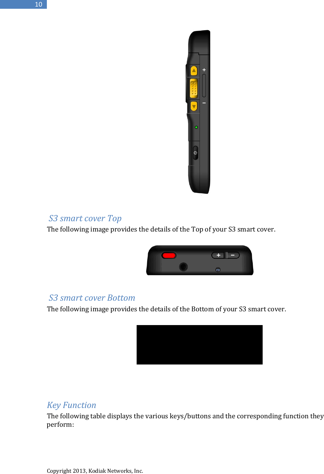  Copyright 2013, Kodiak Networks, Inc.      10    S3 smart cover Top The following image provides the details of the Top of your S3 smart cover.     S3 smart cover Bottom The following image provides the details of the Bottom of your S3 smart cover.              Key Function The following table displays the various keys/buttons and the corresponding function they perform:  