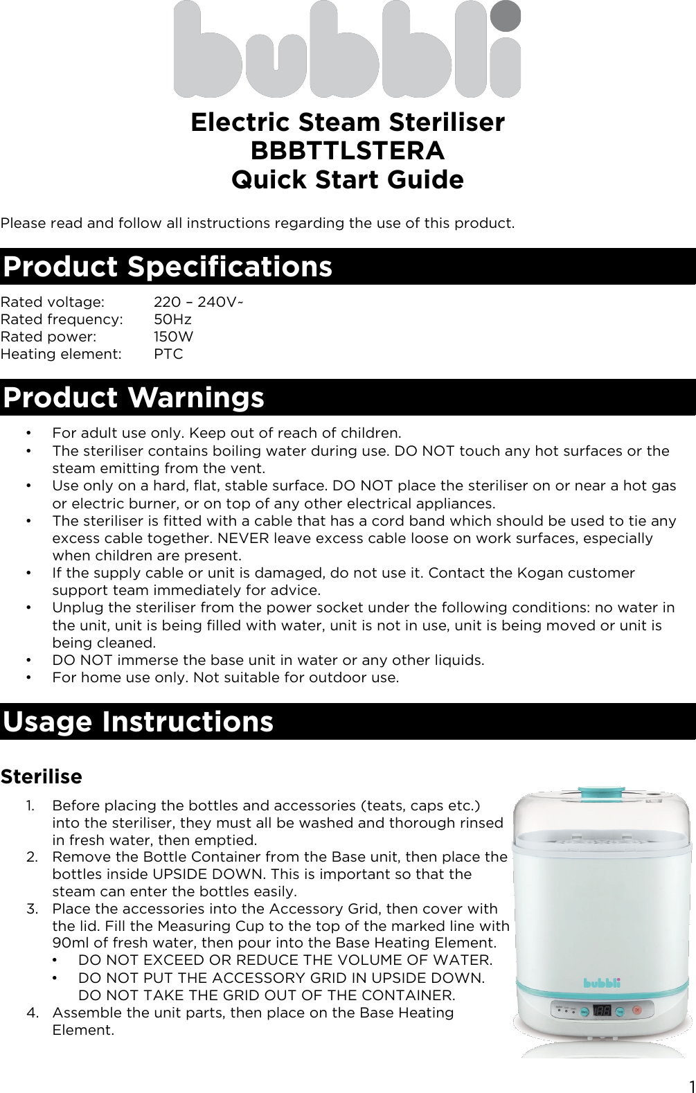 BBBTTKSTERA Bubbli Electric Steam Steriliser User Manual BBBTTLSTERA QSG