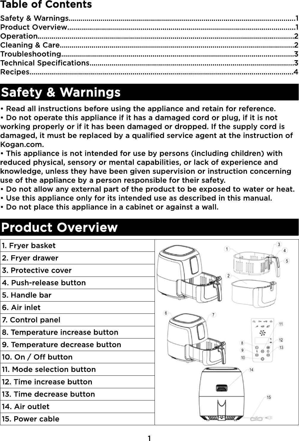 KA5LDGAFRYA 5.2L Digital Low Fat 1800W Air Fryer User Manual A